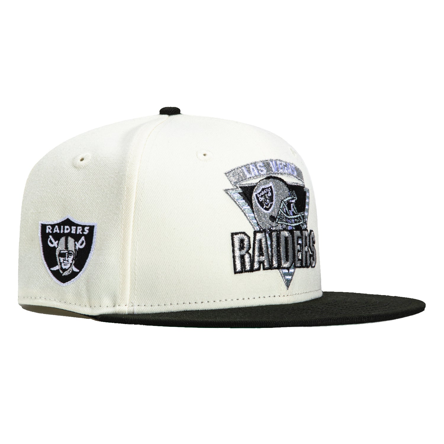 New Era 59Fifty Las Vegas Raiders Logo Patch Snapback Baseball Cap - White & Black - Official NFL Hat for Football Games & Streetwear Fashion