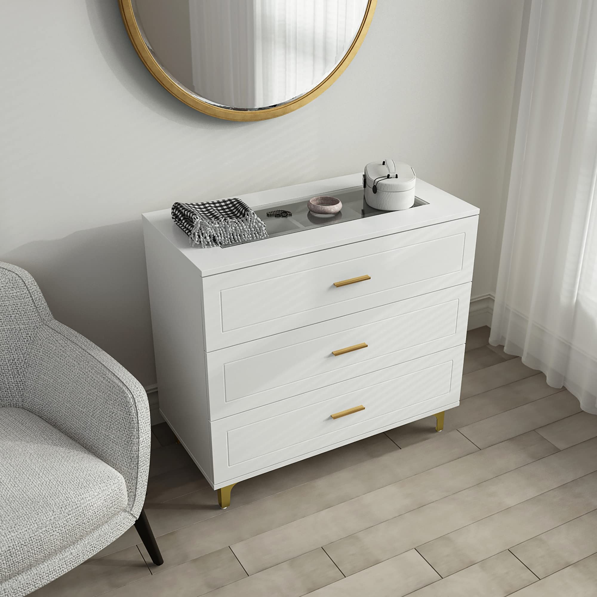 Modern White Dresser with 3 Drawers & Jewelry Organizer - Glass Top Wooden Storage Chest with Metal Legs for Bedroom, Living Room & Hallway - Perfect for Small Spaces & Apartment Organization (31.5”L x 15.7”W x 28.7”H)