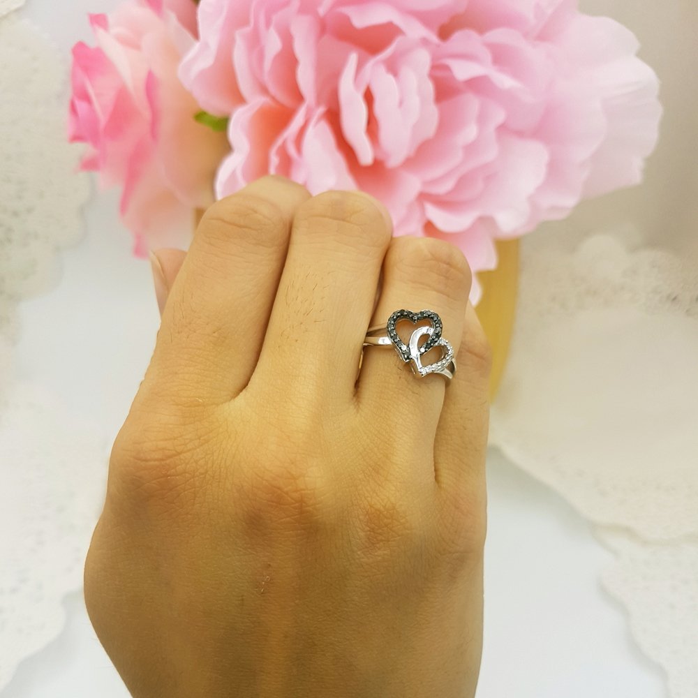 0.25 Carat Black & White Diamond Double Heart Promise Ring for Women - 925 Sterling Silver Split Shank Design - Perfect for Anniversaries, Engagements & Romantic Gifts