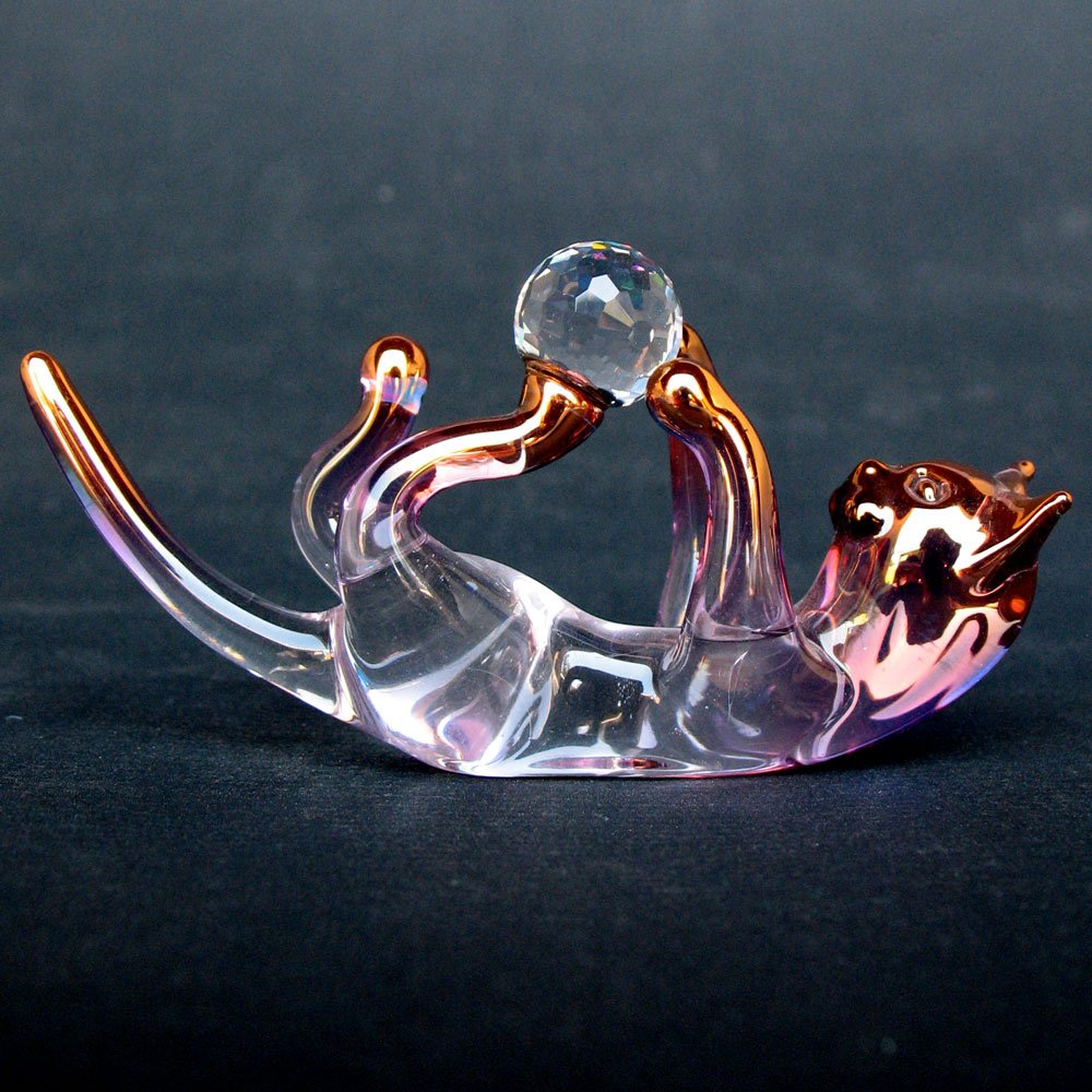 Hand Blown Glass Cat Figurine with Crystal Ball & String - Unique Home Decor, Gift for Cat Lovers, Feng Shui & Meditation Accessory
