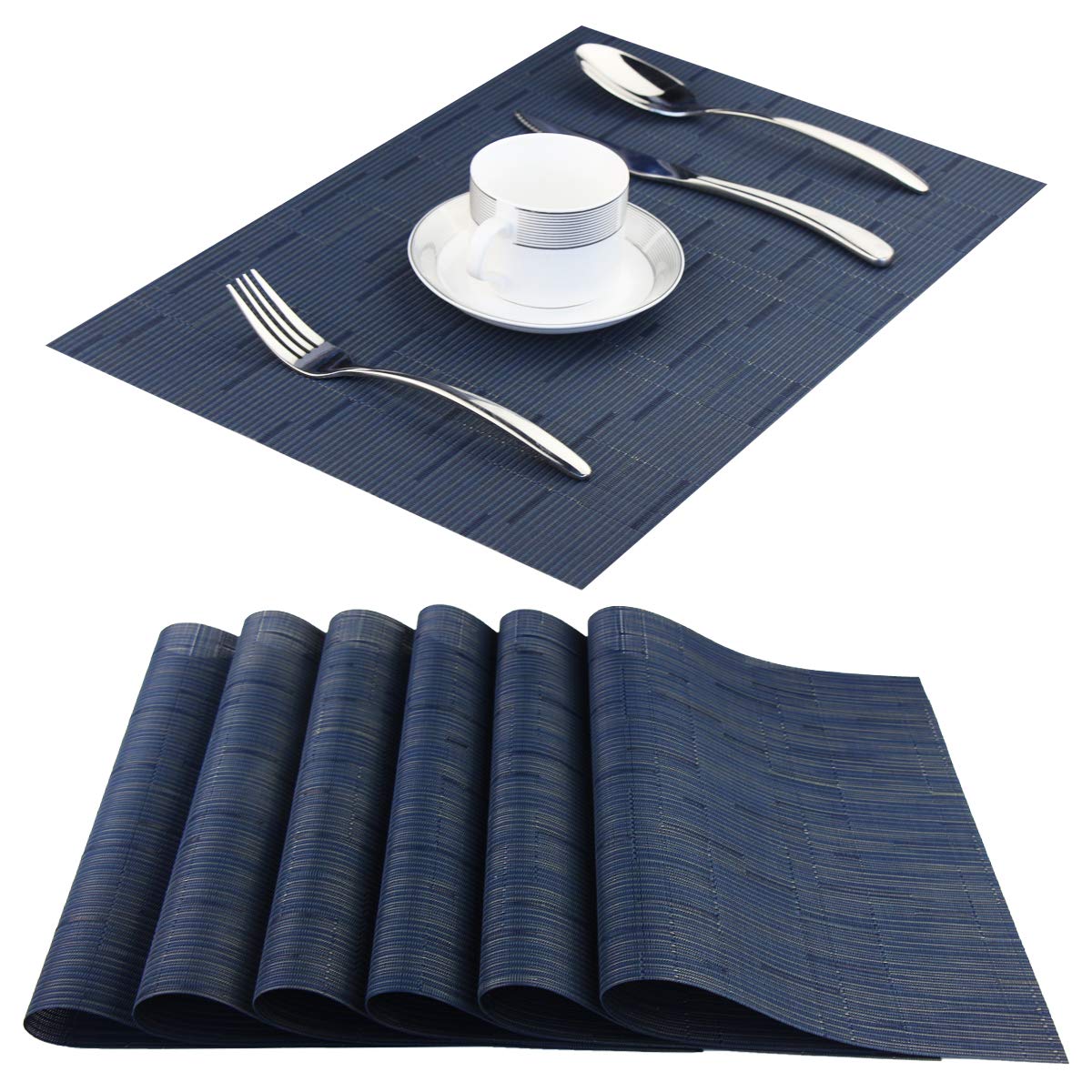 PIGCHCY Washable Durable Woven Vinyl Placemats Set of 6 - Heat Resistant Plastic Table Mats 18x12 Inches for Dining Table, Kitchen & Outdoor Use (Midnight Blue)