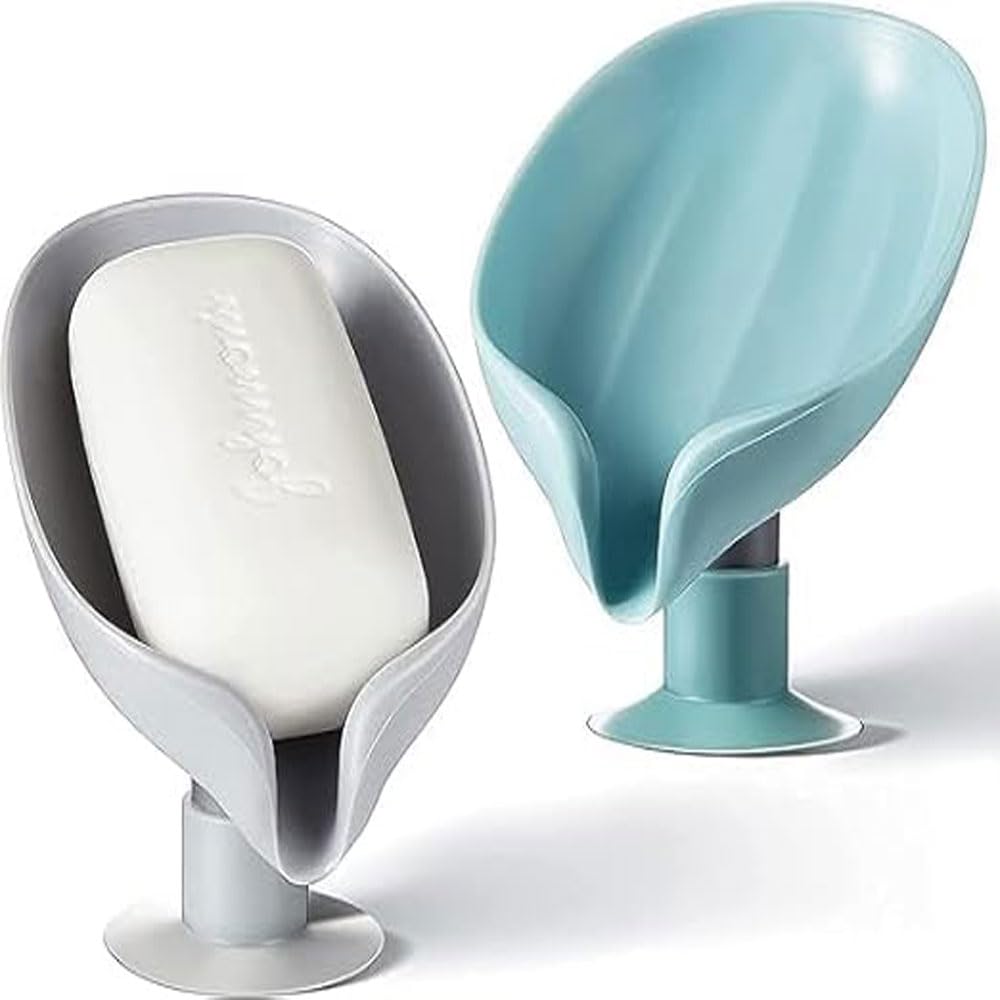 Blue Plastic Leaf-Shaped Self-Draining Soap Dish - Pack of 2, Multicolor - Perfect for Bathroom, Kitchen Sink, and Shower Organizer