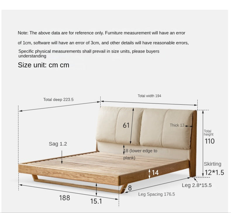 Italian Light Luxury Solid Wood Bed in Oak & Ash with Genuine Leather Upholstery - Perfect for Master Bedrooms, Guest Rooms & Modern Home Decor