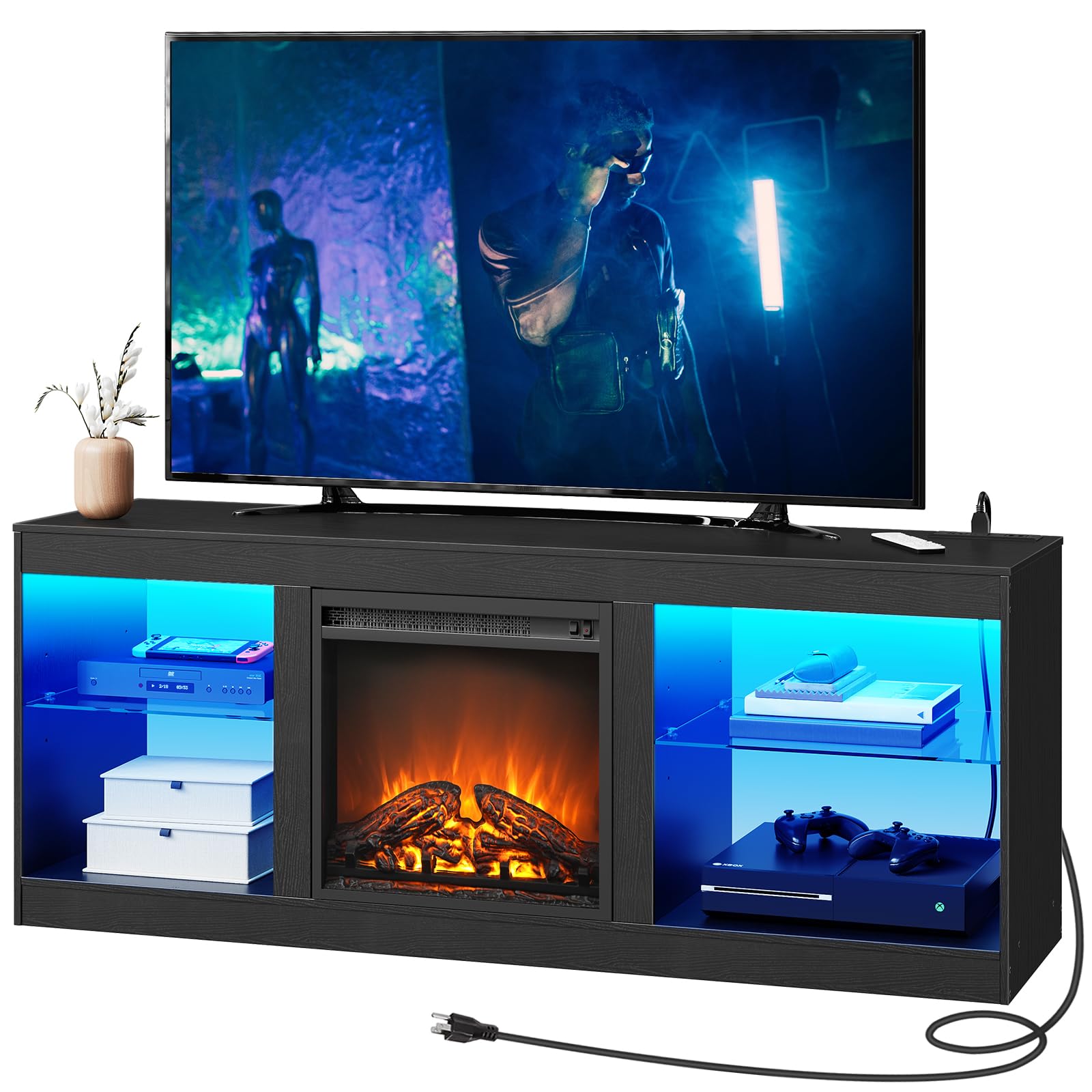HOOBRO 65 Inch Fireplace TV Stand with LED Lights & Power Outlets, Electric Fireplace Entertainment Center with Adjustable Shelves - Modern TV Console for Living Room, Bedroom & Office (Black BK048UDDS01US) | Perfect for Home Theater Setup & Cozy Winter Nights