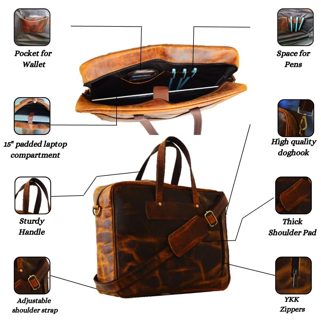 16 Inch Genuine Leather Laptop Messenger Bag for Men & Women - Durable Office Briefcase Satchel - Perfect for Business, Work, Travel & Daily Commute