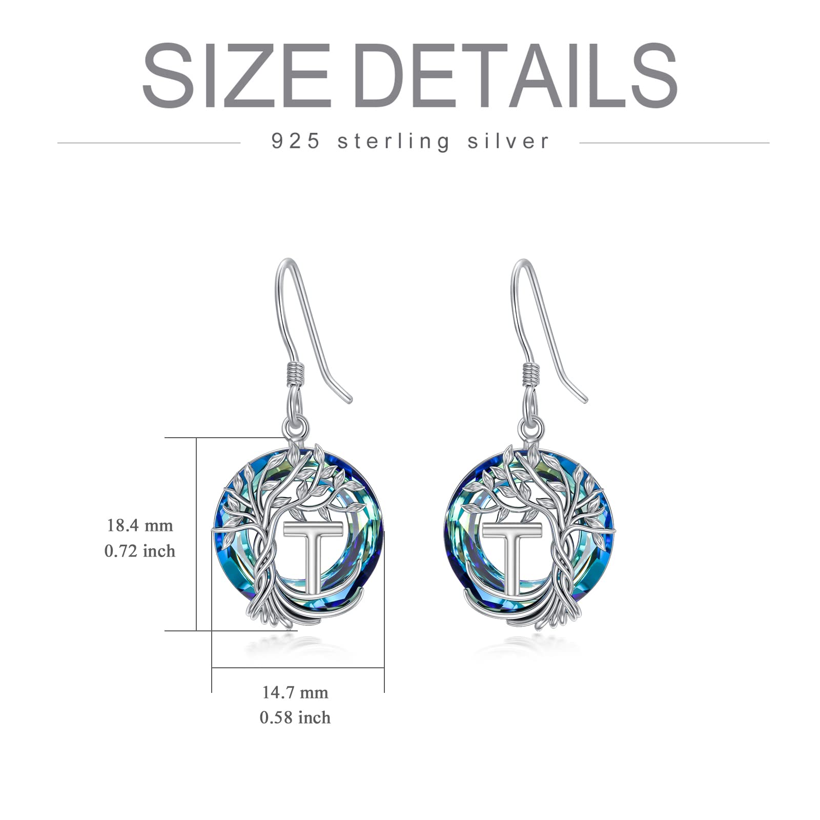 TOUPOP Tree of Life Initial Earrings 925 Sterling Silver A-Z Letter Drop Dangle Earrings with Blue Circle Crystal - Personalized Jewelry for Women, Valentine's Day, Anniversary & Birthday Gifts for Her, Girlfriend or Mom | Perfect for Romantic Occasions, Special Celebrations & Everyday Elegance