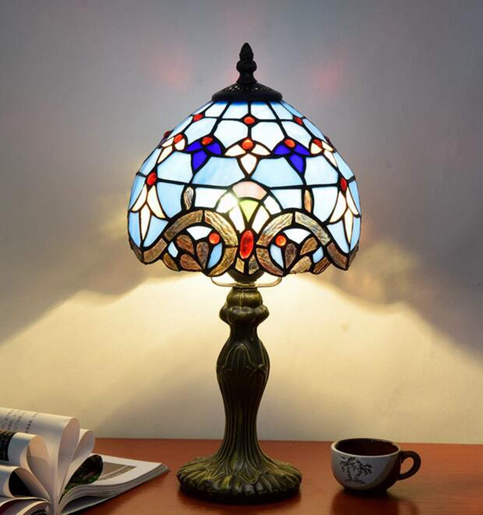 Blue Baroque Tiffany Style Table Lamp - 8 Inch Small Stained Glass Desk Lamp for Bedroom, Study & Office - Perfect for Reading, Decor & Ambient Lighting