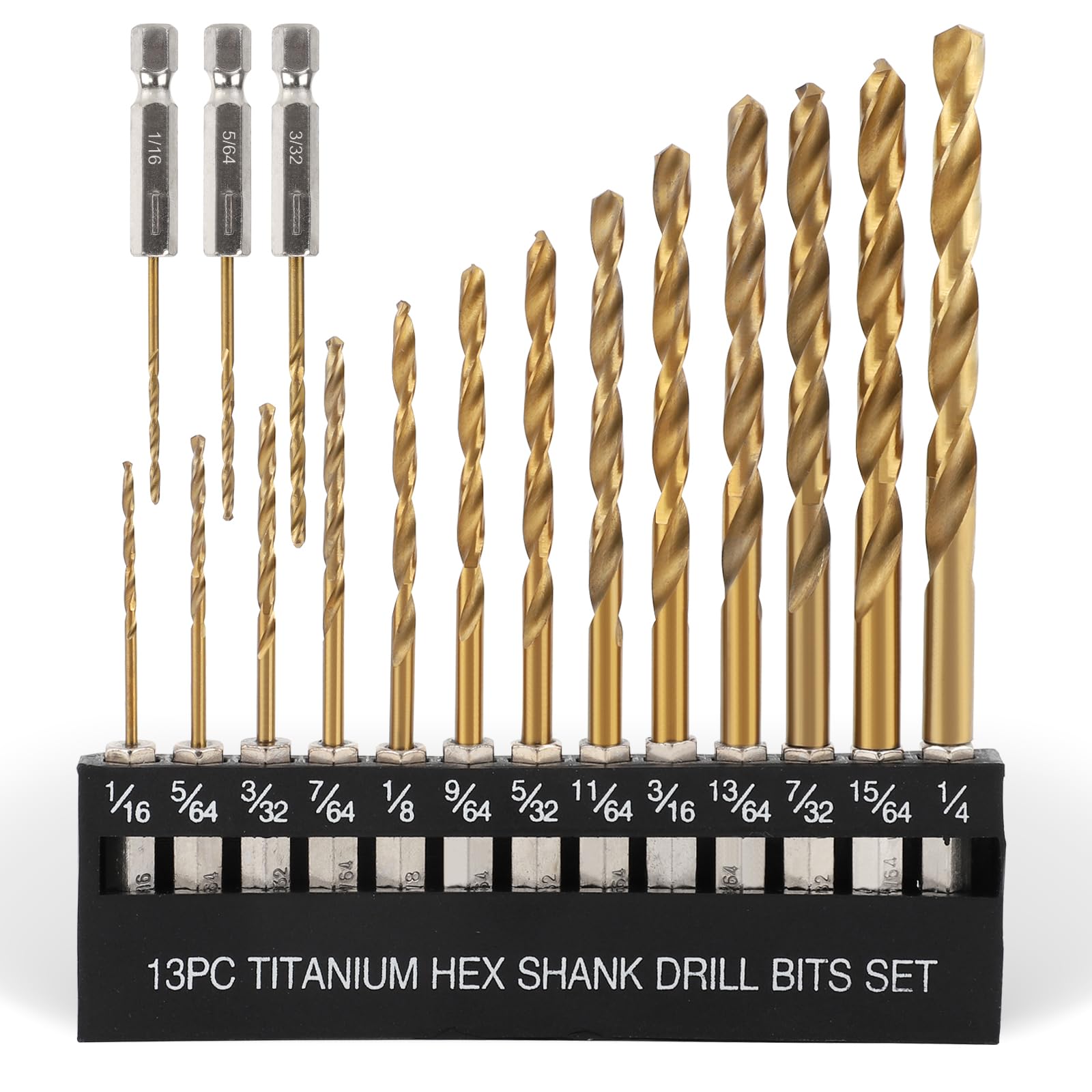 COMOWARE 16-Piece Titanium Twist Drill Bit Set - High Speed Steel Hex Shank for Wood, Plastic & Aluminum Alloy - Quick Change (1/16