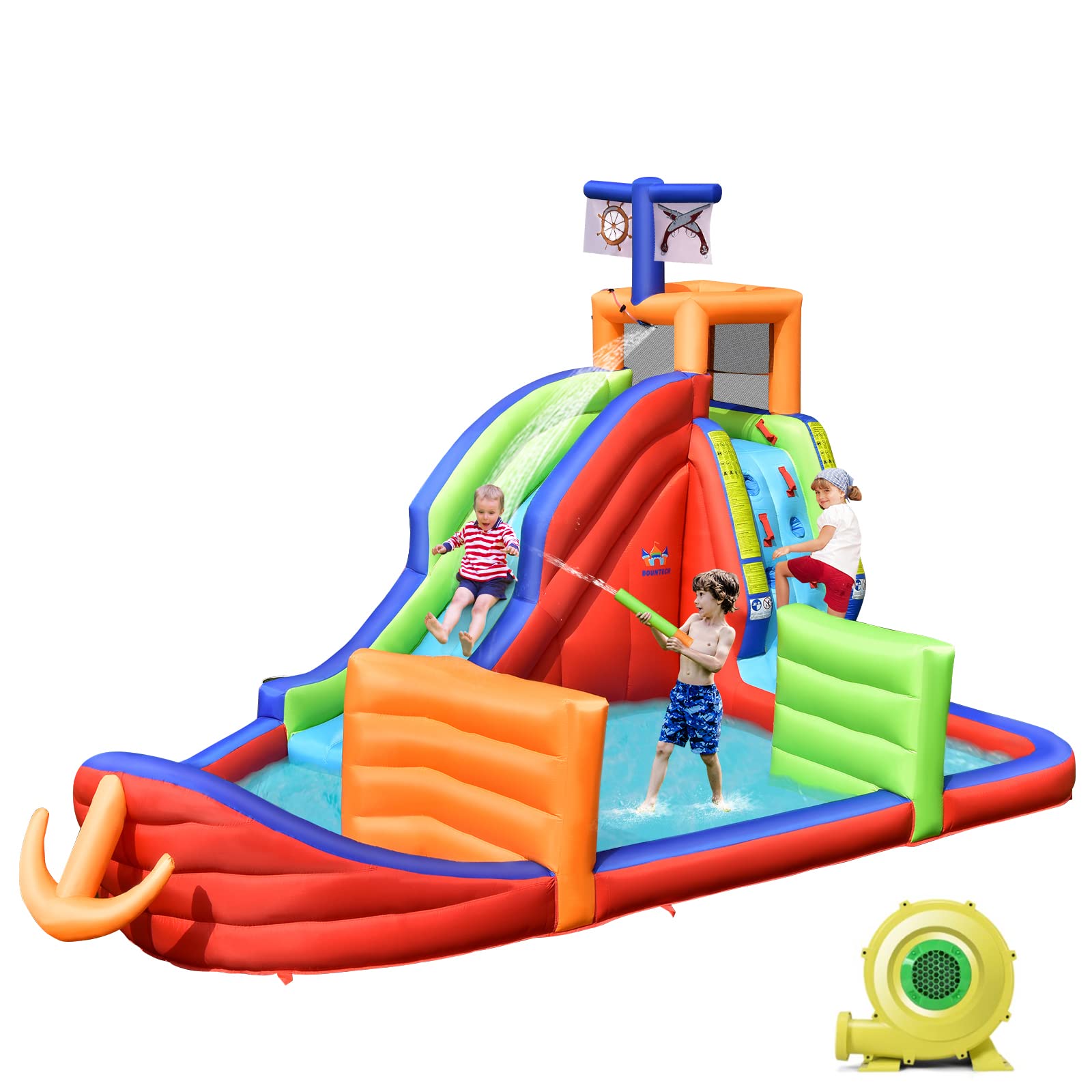 BOUNTECH Inflatable Water Slide - Pirate Ship Theme Backyard Water Park for Kids & Adults with 735W Blower, Splash Pool & Dart Game | Perfect for Birthday Parties, Summer Fun, and Outdoor Family Gatherings