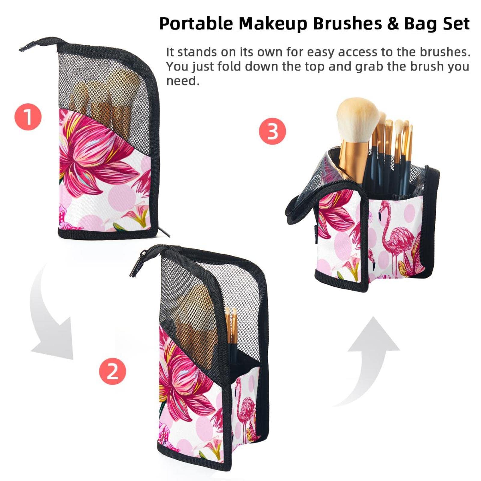 12-Piece Makeup Brush Organizer Bag with Pink Flamingo & Tropical Flower Design - Portable Cosmetic Brush Holder Case for Travel, Home & Professional Makeup Artists