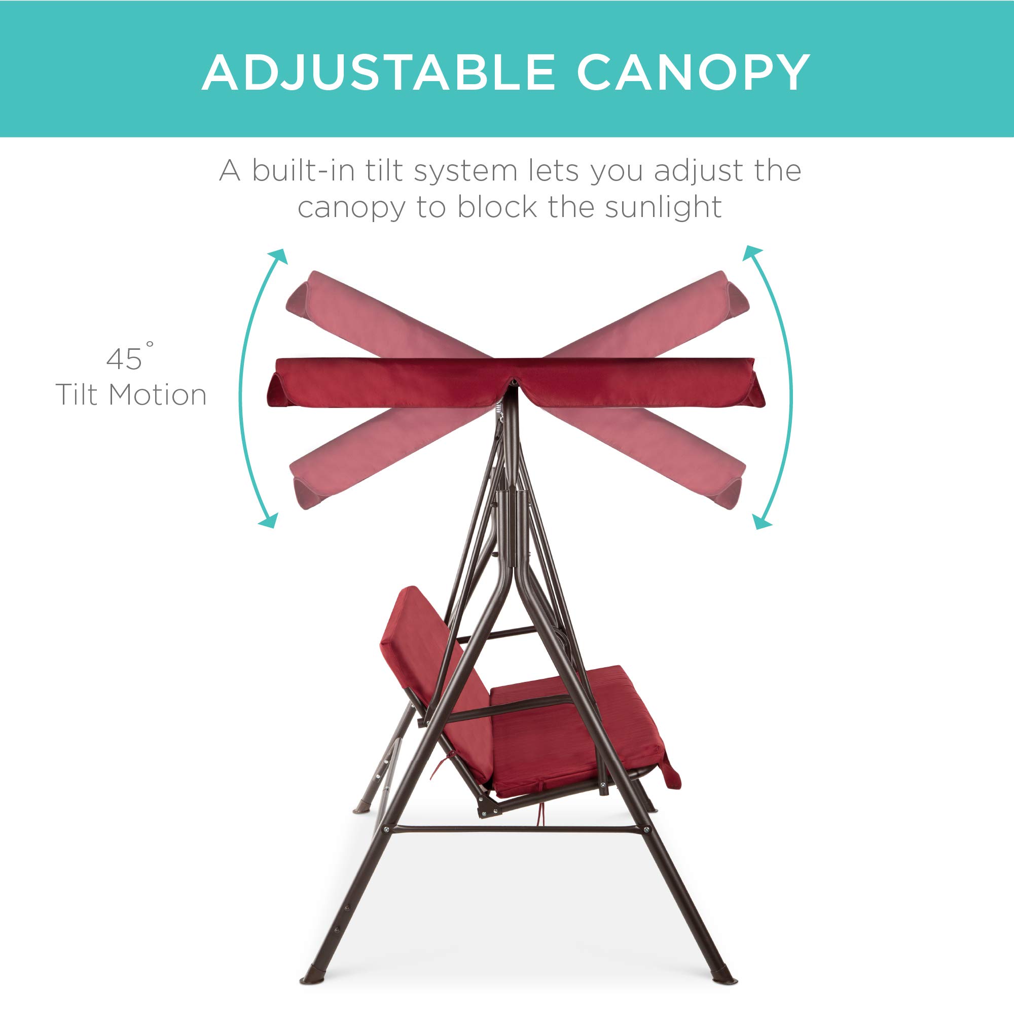 Best Choice Products 2-Person Outdoor Patio Swing Chair with Convertible Canopy - Hanging Glider Porch Bench for Garden, Backyard, Poolside - Adjustable Shade & Removable Burgundy Cushions - Perfect for Relaxing, Lounging and Outdoor Entertaining