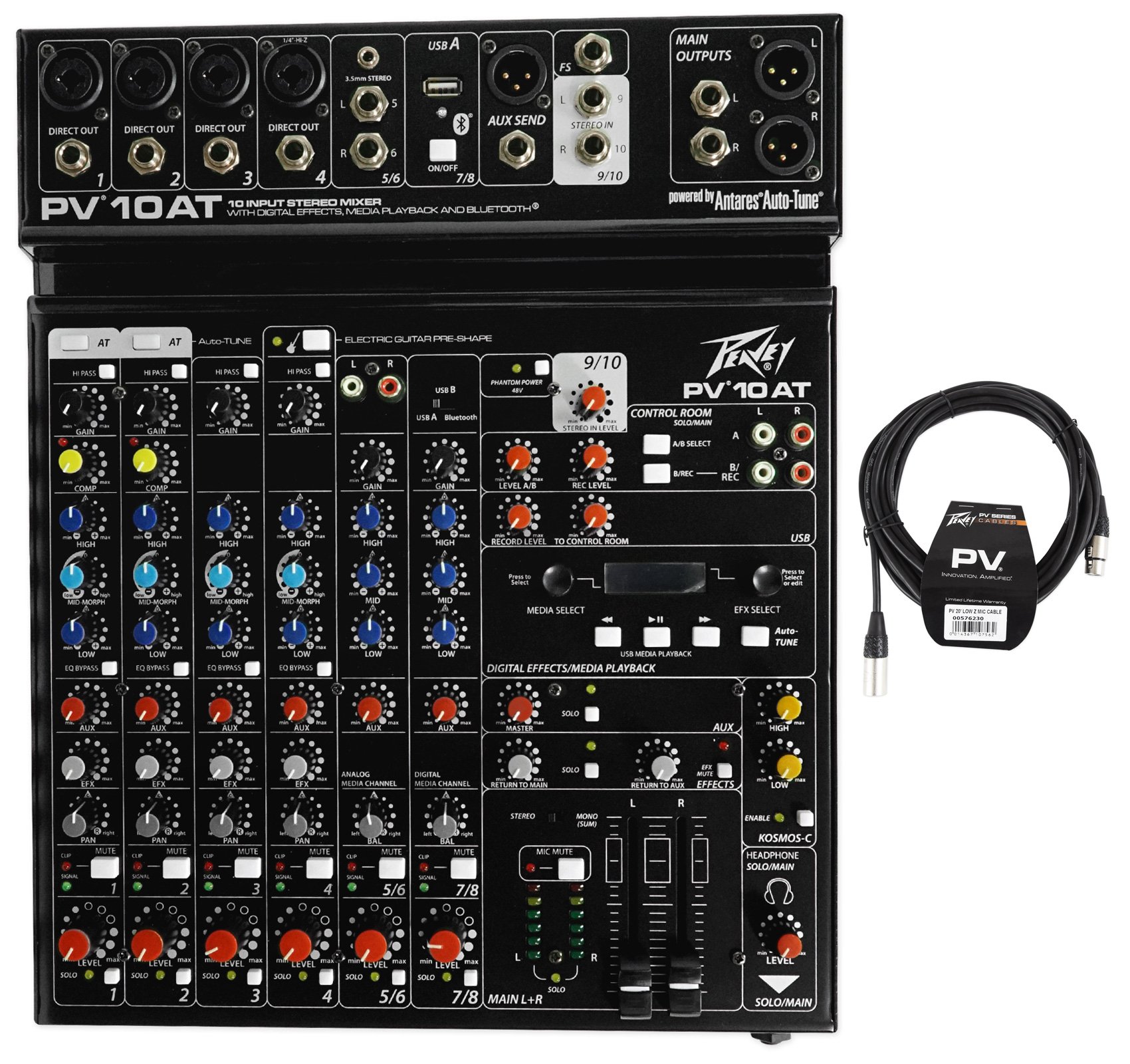 Peavey PV 10AT 10-Channel Bluetooth Mixer with USB, 4 Mic Inputs, Compressor & Effects | Includes AutoTune 2-Channel Processor & 20ft XLR Cable | Perfect for Live Performances, Studio Recording & Podcasting