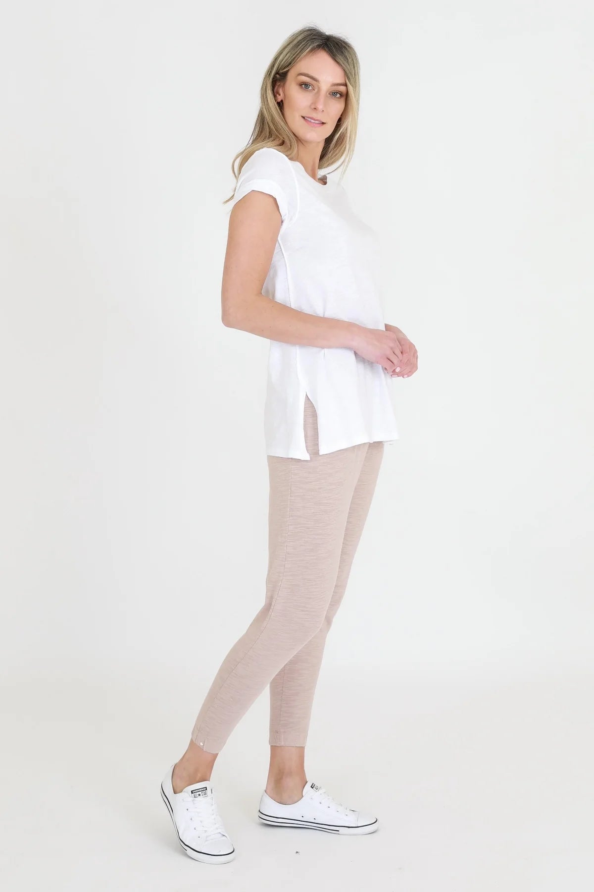 Kelly Rolled Sleeve Crew Neck T-Shirt - Soft Cotton Basic Tee for Women (White) | Casual Wear, Layering & Everyday Outfits