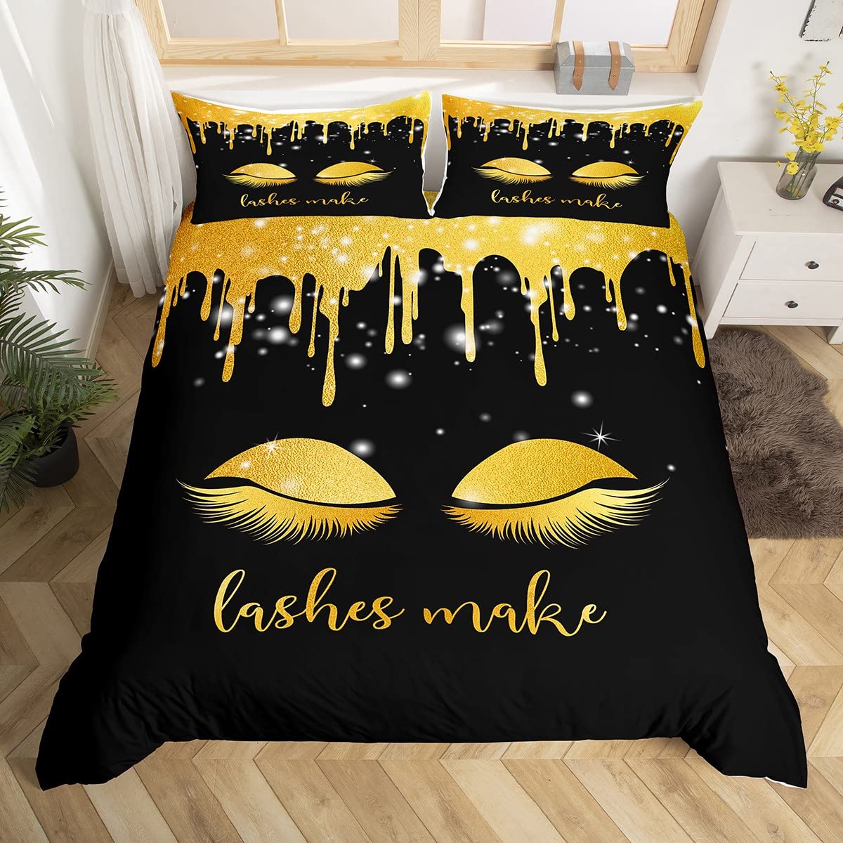 Glitter Eyelash Duvet Cover Set Twin Size - Black & Gold Bedding Set with 1 Pillowcase for Kids, Girls & Adults - Dreamy Room Decor & Romantic Comforter Cover - Perfect for Teen Bedrooms, Dorm Decor & Cozy Sleepovers