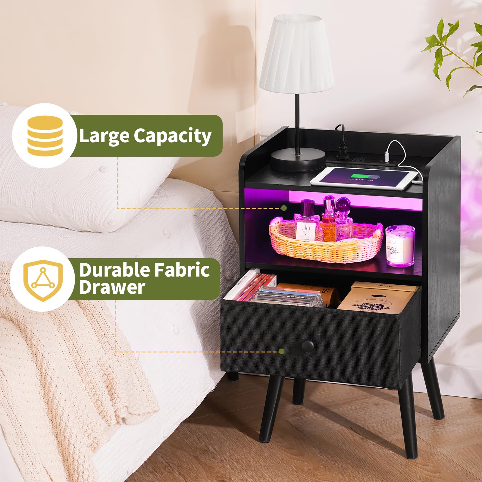 Yoobure Modern Nightstand with Charging Station & LED Lights - Wood Bedside Table with USB Ports, Fabric Drawer & Storage Shelf - Perfect for Bedroom, Office or Home Decor (Night Stand with Convenient Device Charging & Ambient Lighting)