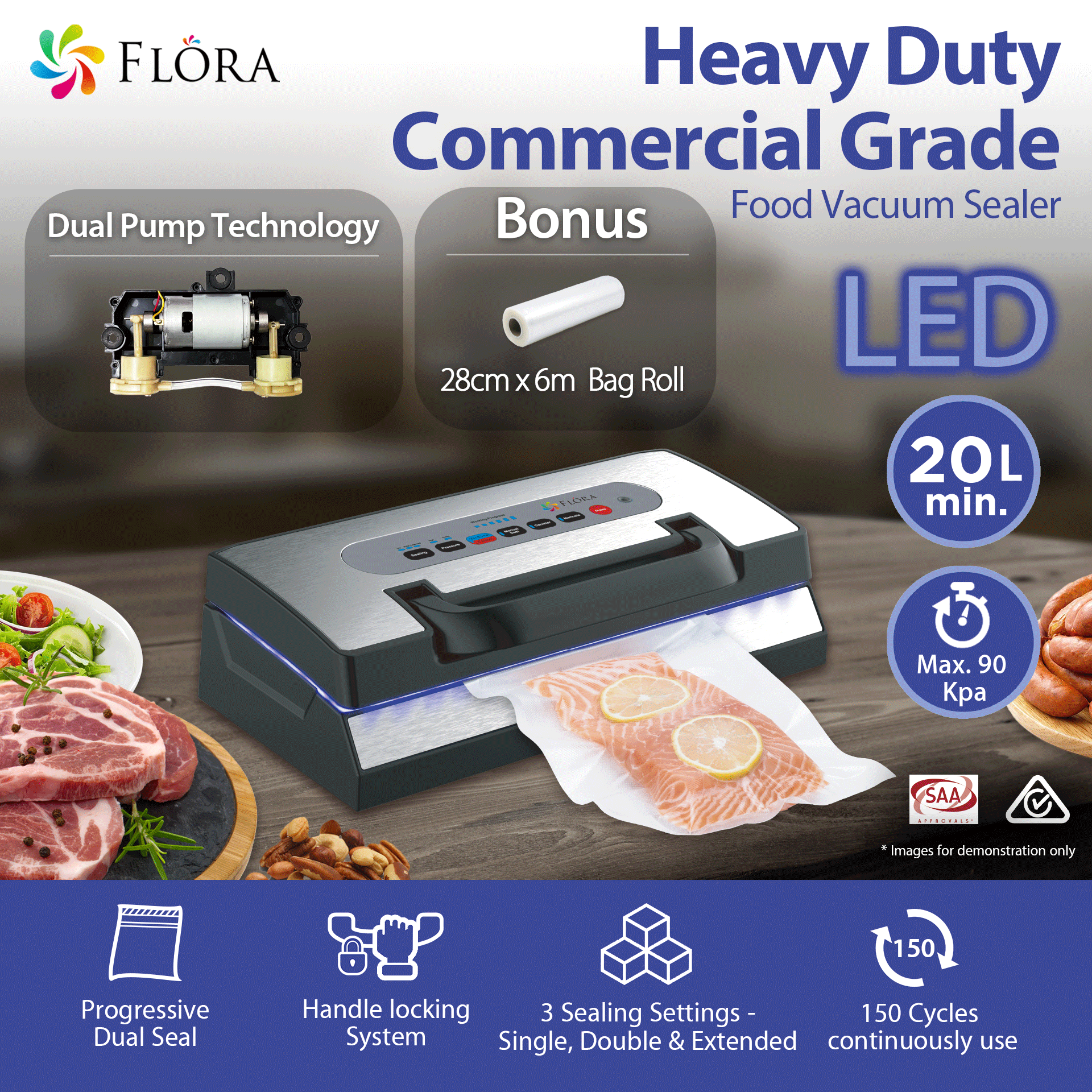 Flora Heavy Duty Commercial Food Vacuum Sealer Machine with 6m Bag Roll - FL FVS 5188 | Perfect for Restaurant, Deli & Home Food Storage | AU Stock