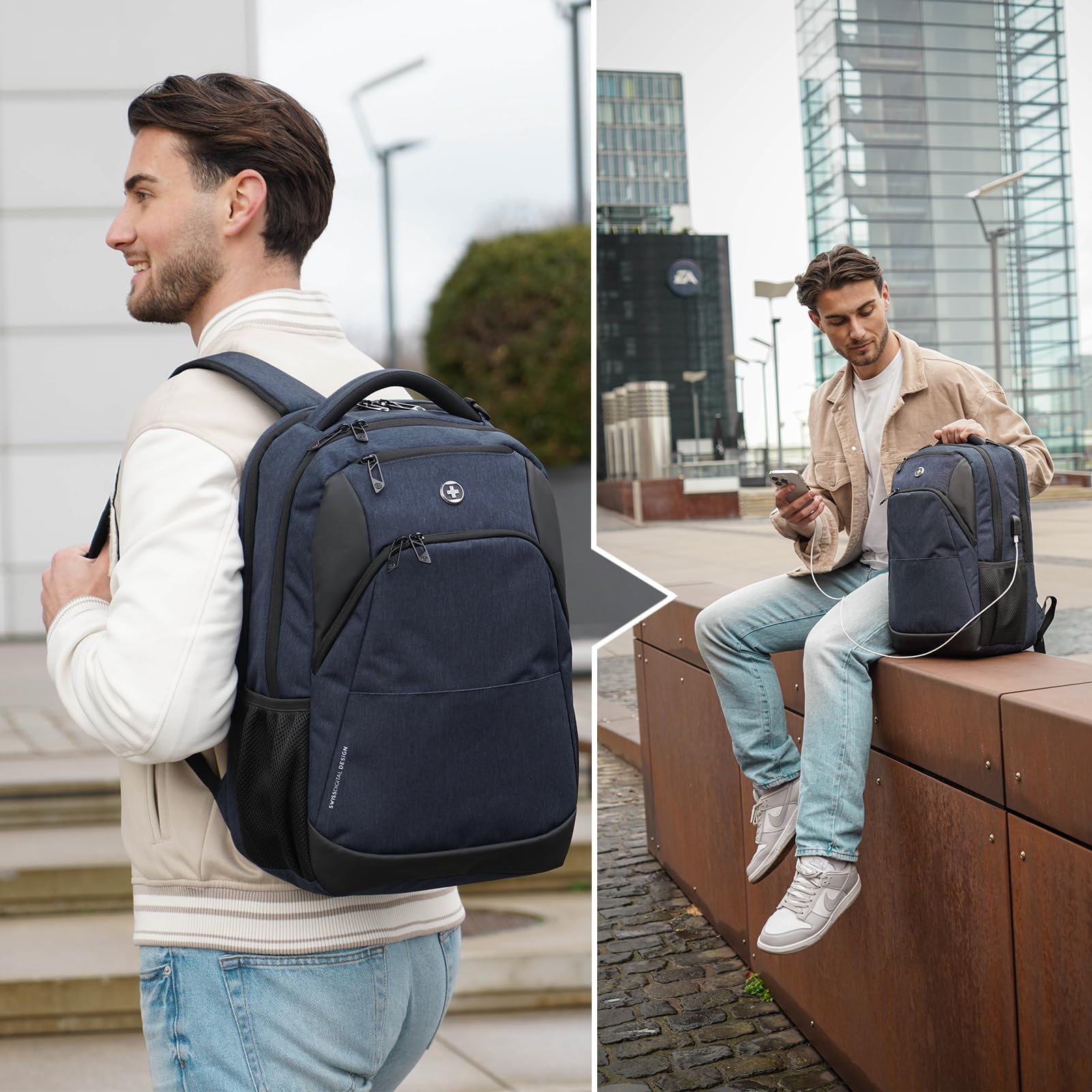 Swissdigital Stylish Travel Laptop Backpack for Men & Women - USB Charging Port Business Backpack Fits 16 Inch Notebook - Perfect for Commuting, College & Business Trips - Blue | ANDWIL