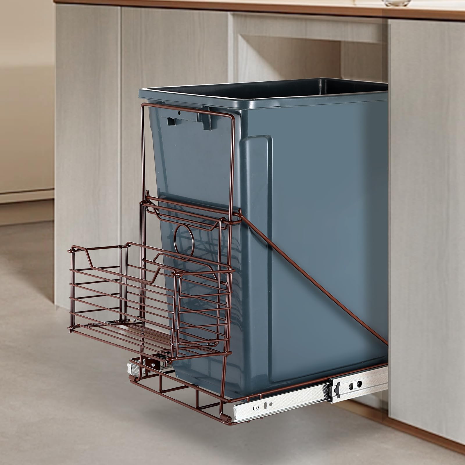 Stainless Steel Pull Out Trash Can with Removable Metal Basket - Adjustable Kitchen Cabinet Slide Out Shelf for 7-11 Gallon Garbage Bins (Trash Can Not Included, Brown) | Perfect for Under Sink Organization & Waste Management