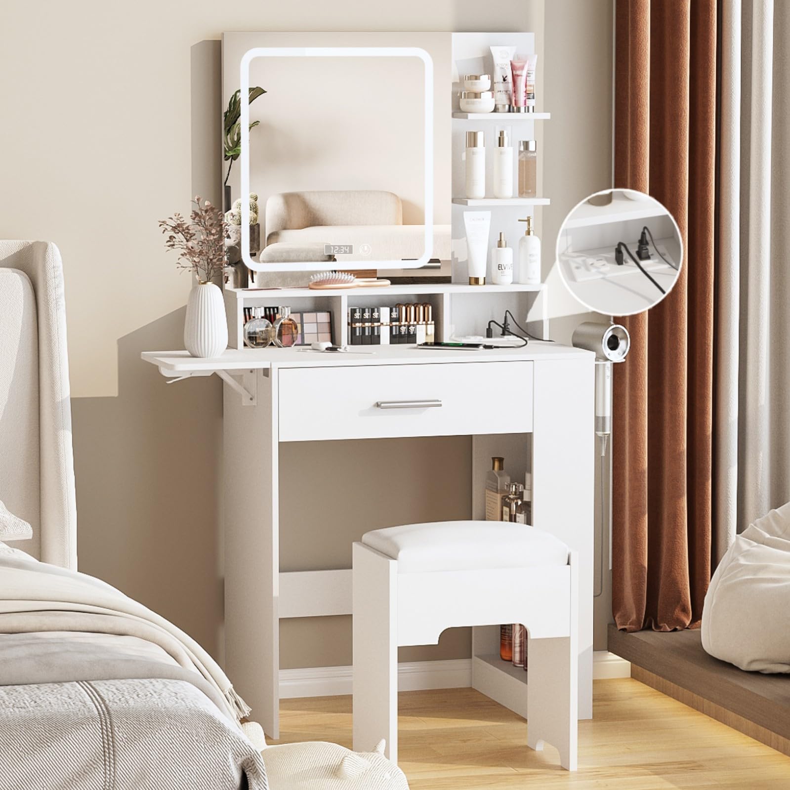 Fameill Small Vanity Desk with Mirror & LED Lights, White Makeup Vanity Table with Drawer, Storage Shelves, USB Charging Station & Digital Clock - Includes Vanity Chair for Bedroom, Dressing Room & Apartment Decor