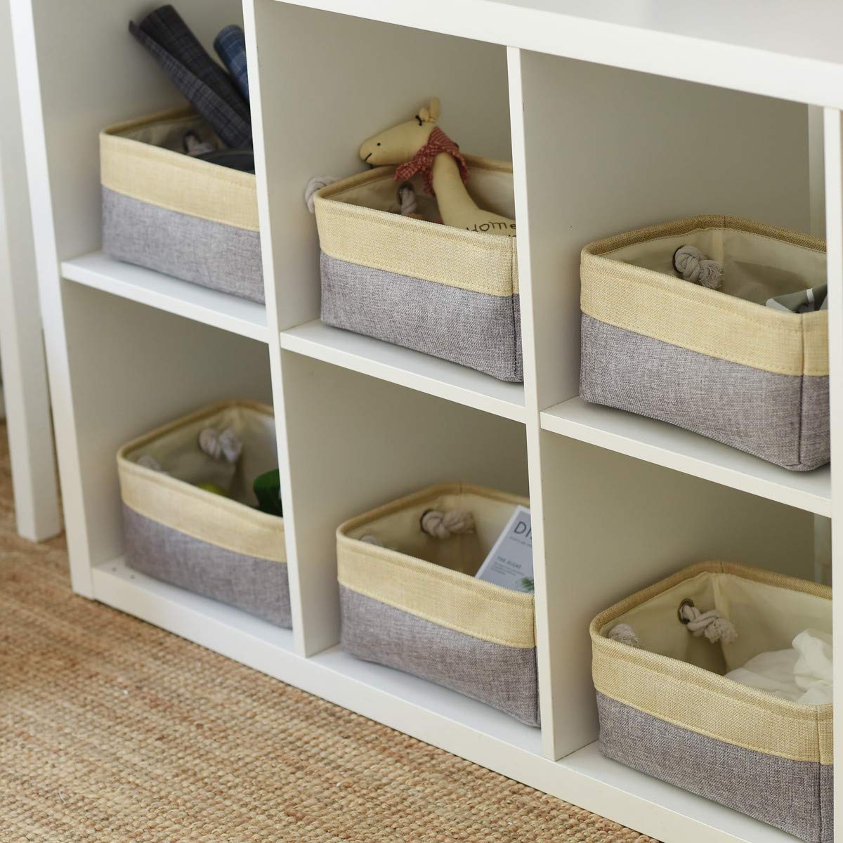 TheWarmHome 6-Pack Small Storage Baskets - 11.8x7.8x5.2 Inch Fabric Storage Bins & Organizer Cubes for Shelves, Baby Toys, Nursery (Gold & Grey) | Perfect for Home Organization, Closet, Kids Room & Playroom Storage