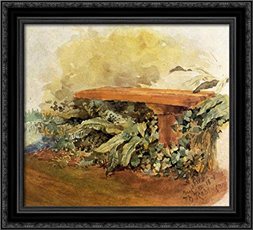 Black Ornate Wood Framed Canvas Art - Theodore Robinson Garden Bench With Ferns Painting 22x20 - Perfect for Living Room, Bedroom & Office Wall Decor