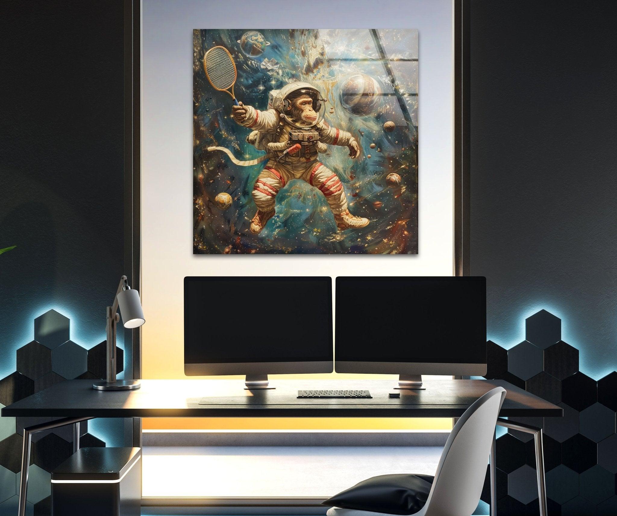 Astronaut Monkey Glass Wall Art - Unique Space Themed Home Decor for Living Room, Bedroom & Office - Perfect Gift for Sci-Fi & Space Lovers