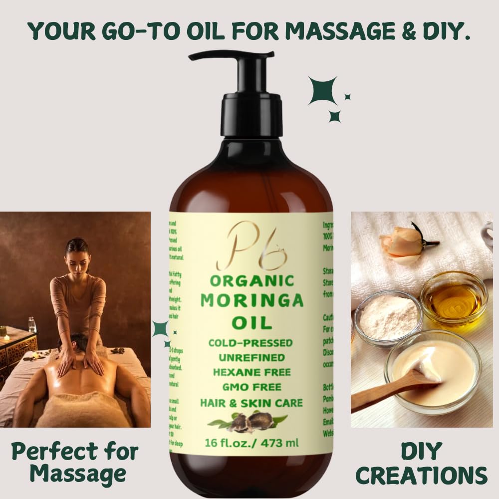 Organic Moringa Oil - 100% Pure Cold-Pressed Unrefined Moringa Oil for Hair & Skin Care | Hydrating Facial Oil & Body Moisturizer | 16 fl oz Glass Bottle with Pump | Perfect for Dry Skin, Hair Growth & Anti-Aging Routine