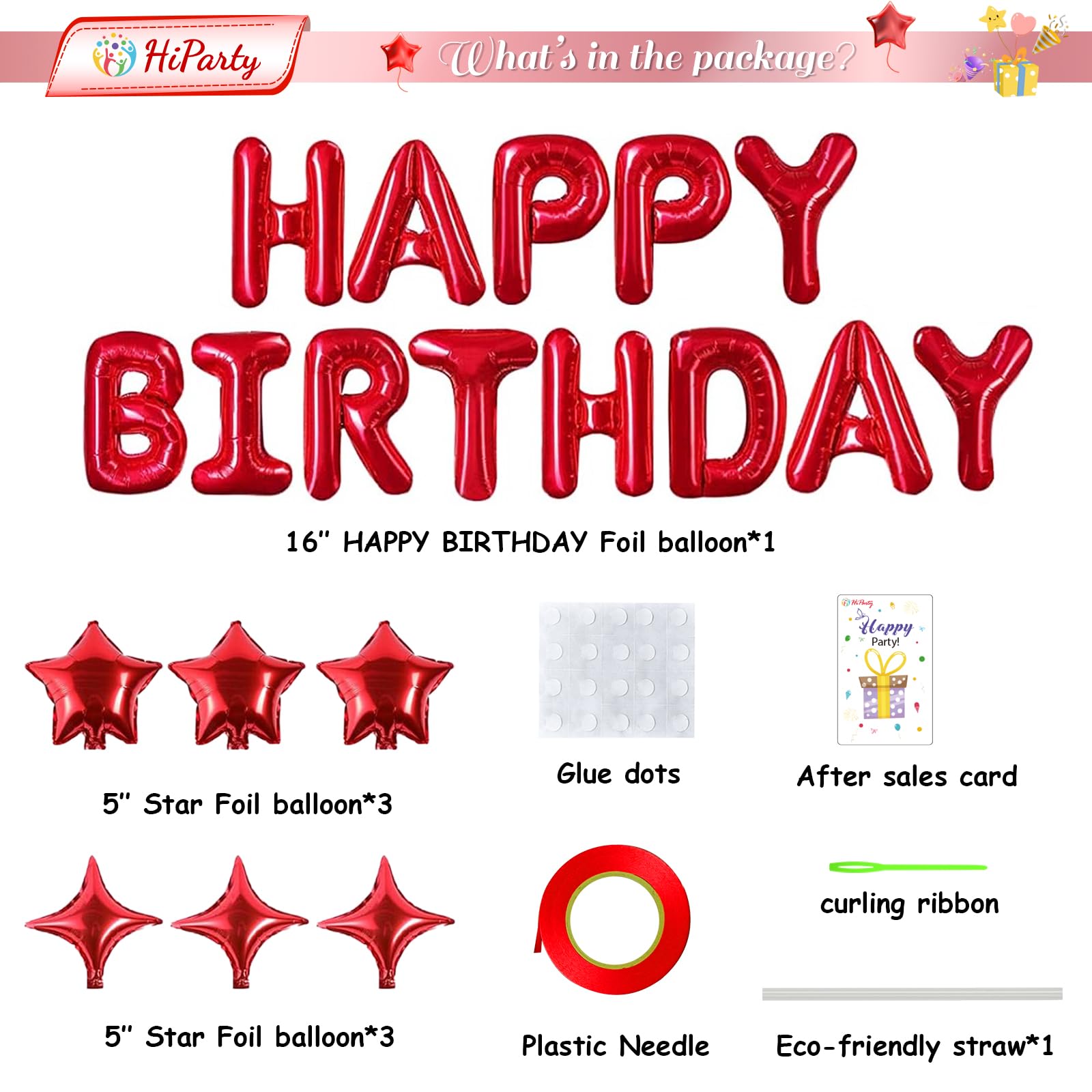 3D Mylar Foil Happy Birthday Balloons Banner Set with 6 Star Balloons - Birthday Party Decorations for Kids, Girls, Women & Adults - Perfect for Indoor/Outdoor Birthday Celebrations, Baby Showers & Anniversary Parties