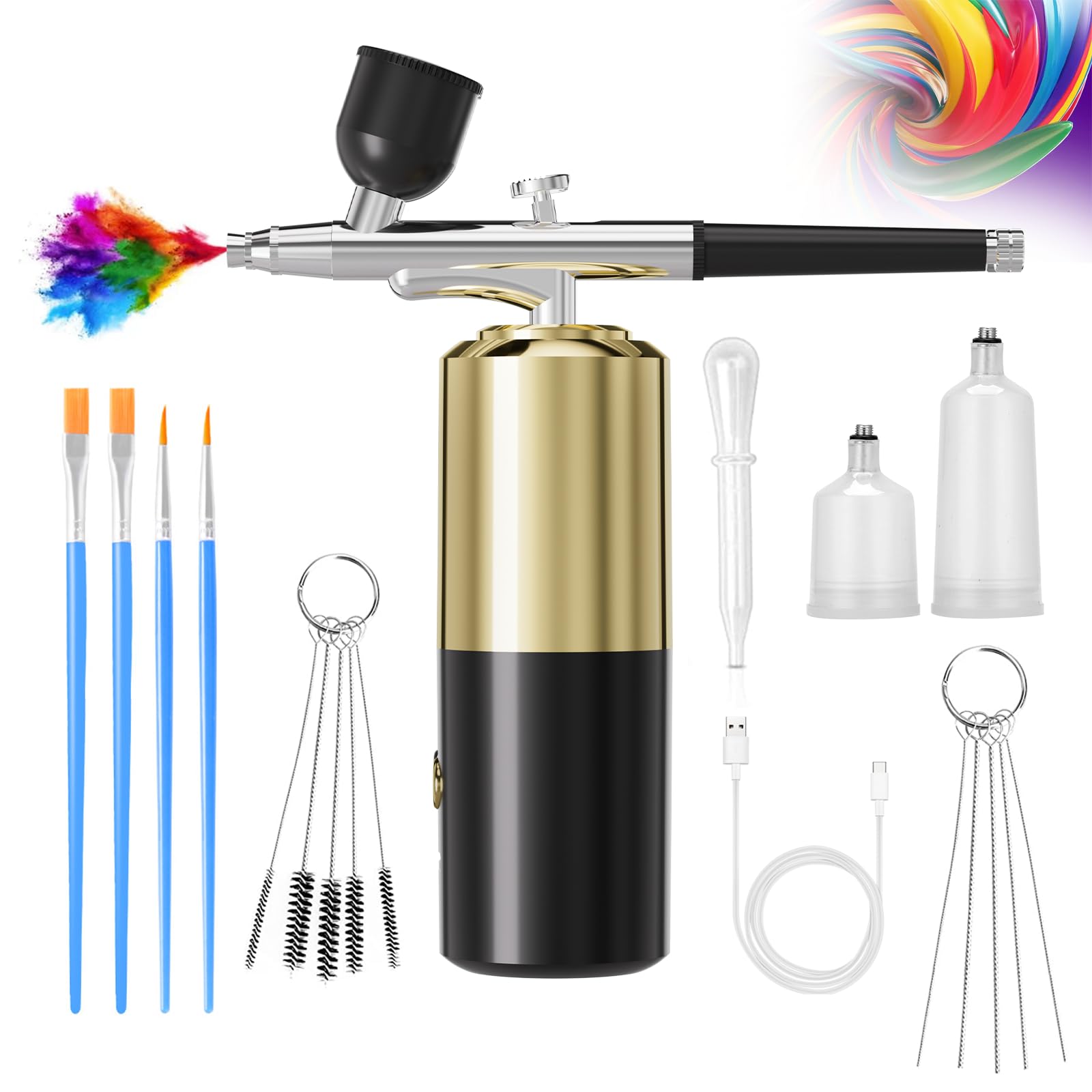 Professional Airbrush Kit with Air Compressor - Wireless Airbrush Gun for Nail Art, Cake Decorating, Makeup & Model Painting (Gold Black) | Perfect for Salon, Home DIY & Professional Artists