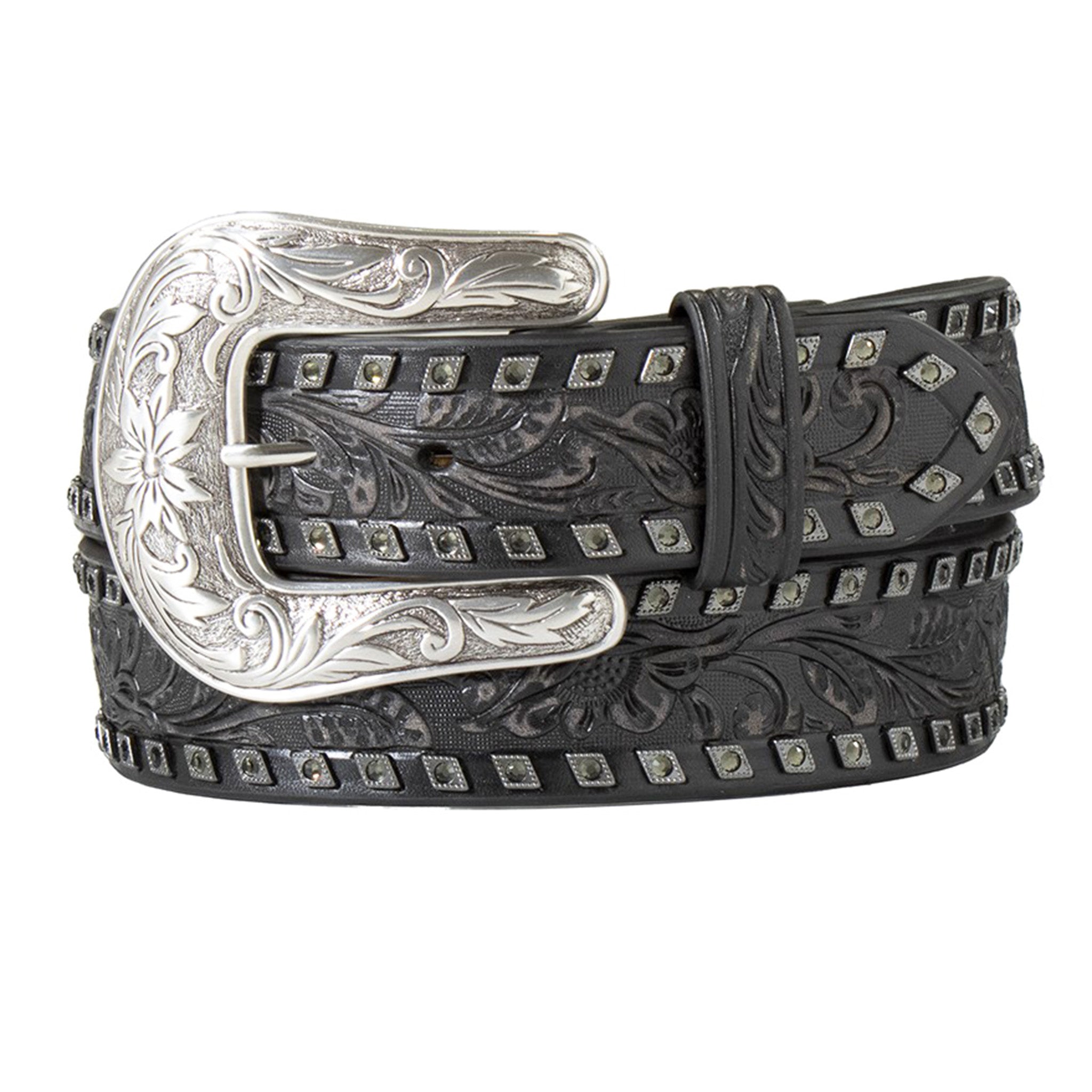 Angel Ranch Women's Black Floral Embossed Leather Belt - Stylish Waist Accessory for Dresses, Jeans & Office Wear