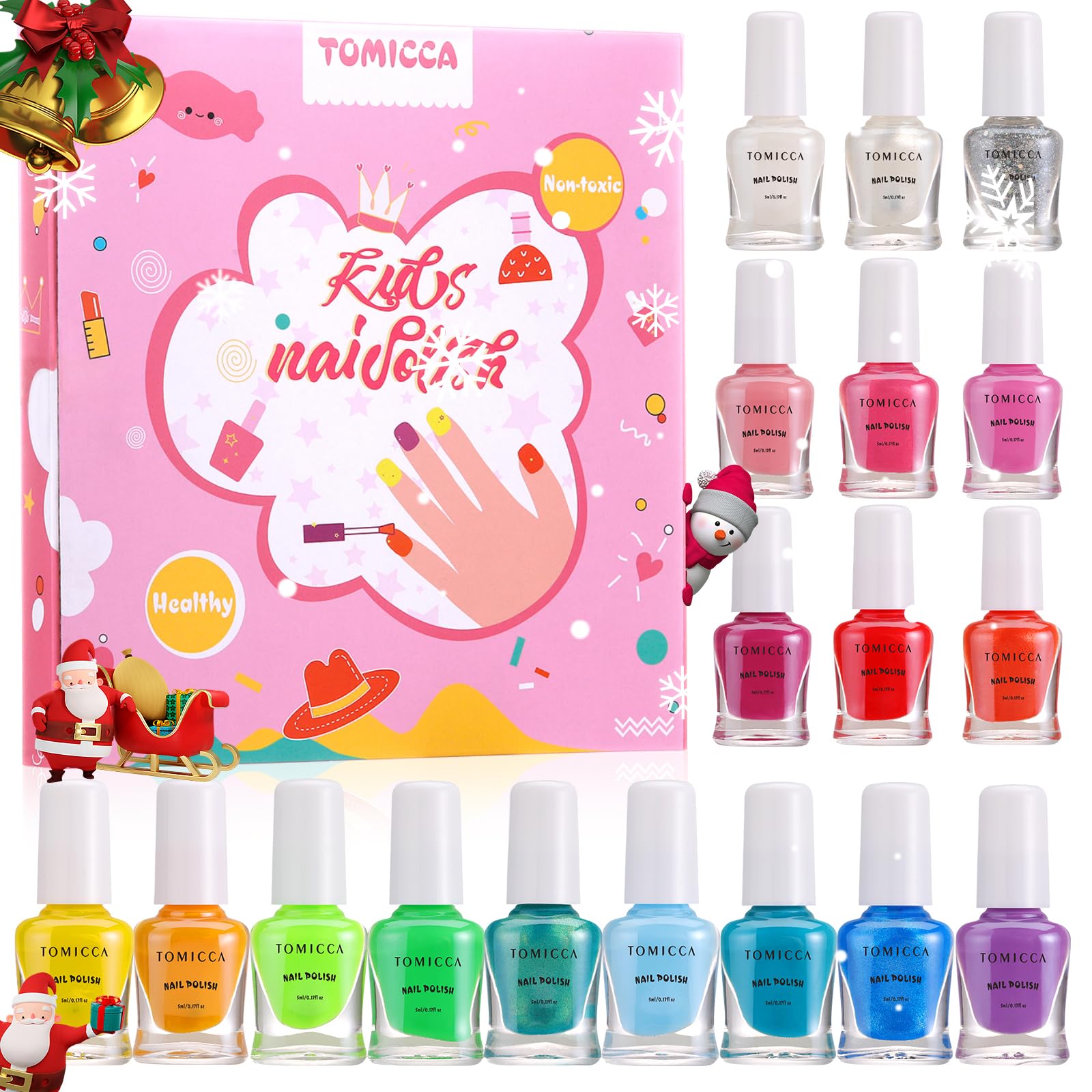 TOMICCA Kids Non-Toxic Peel Off Nail Polish Set - 18 Pcs Water-Based Safe Quick Dry Nail Paint Kit with Nail Separator Stickers | Perfect Birthday Gift for Girls Ages 3+ | Fun for Parties, Playdates & Creative Play