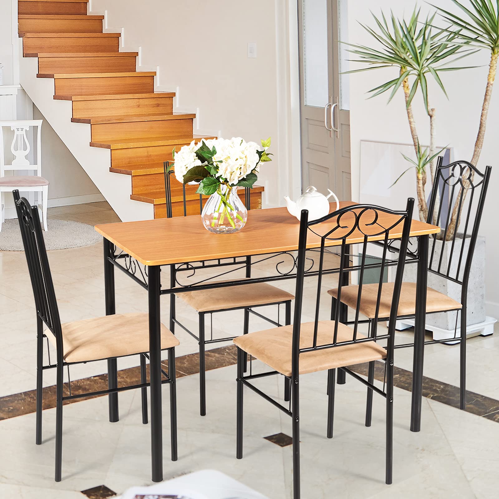 COSTWAY 5-Piece Modern Dining Table Set with Metal Frame - Kitchen Table & 4 Chairs for Home, Restaurant & Café | Perfect for Small Spaces, Family Meals & Commercial Use