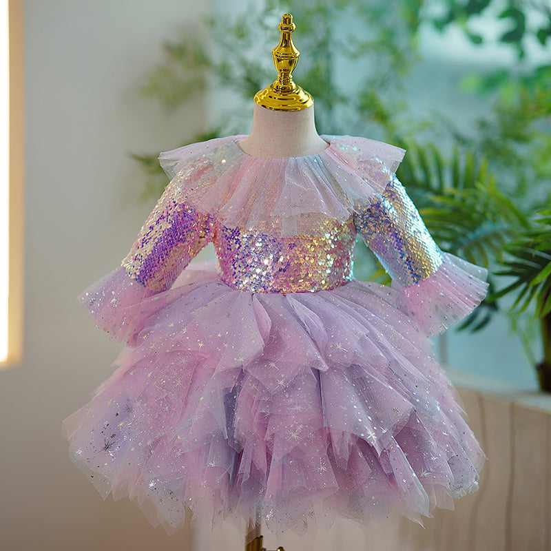 Lilac Sequin Flower Girl Dress with Bell Sleeves - Elegant A-Line Princess Gown for Weddings, Birthday Parties & Special Occasions
