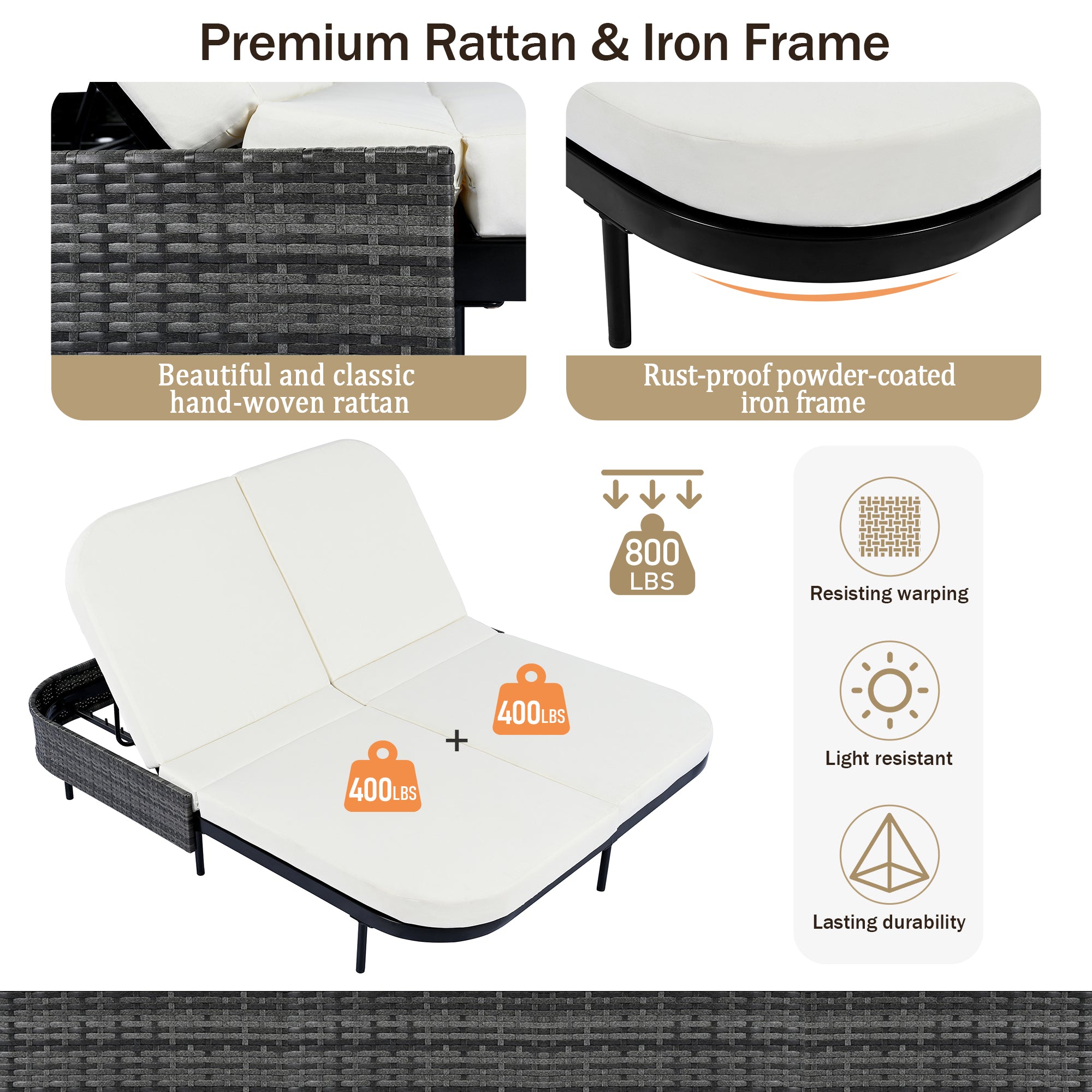 Outdoor Rattan Daybed with 5-Position Adjustable Backrest & Removable Cushions - Perfect for Patio, Garden, Backyard and Poolside Relaxation