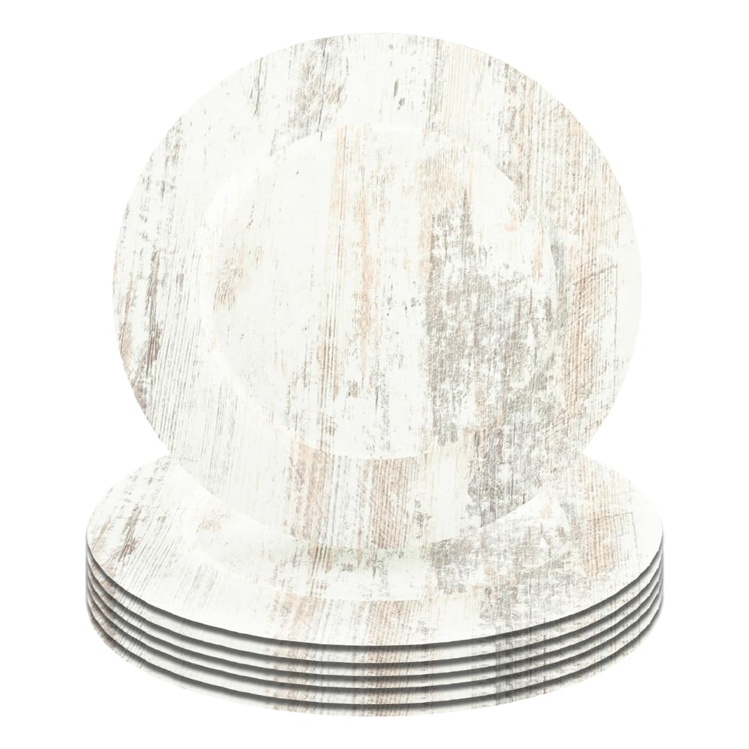 Shabby White Faux Wood Charger Plates - Set of 4 Rustic Decorative Dinner Plates for Farmhouse Weddings, Parties & Holiday Tablescapes