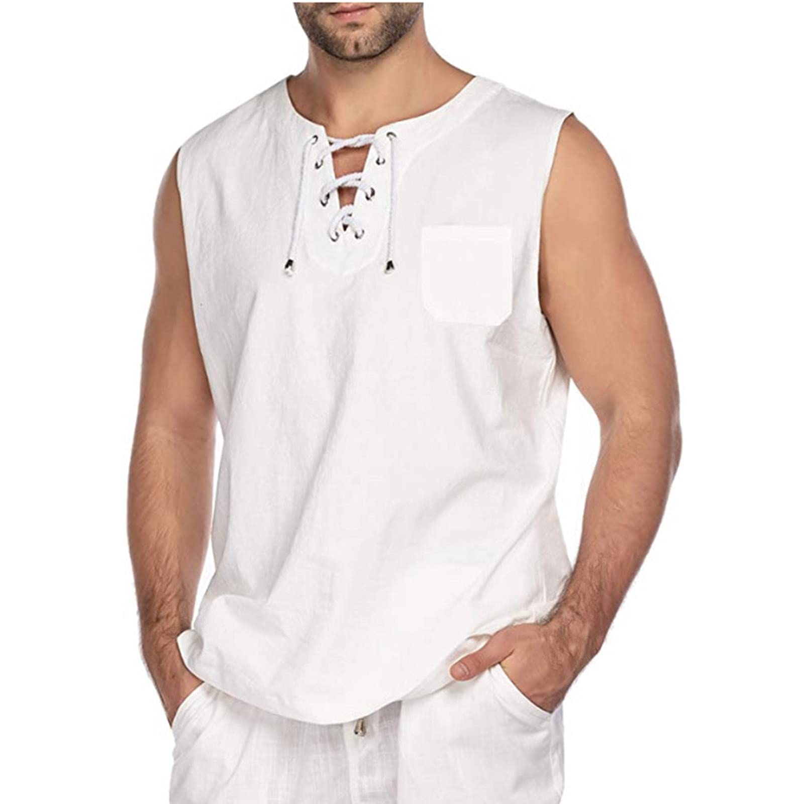 XXBR Men's Cotton Linen Sleeveless Tank Top - Breathable Button Up Casual Shirt for Summer, Beach, Yoga & Outdoor Activities