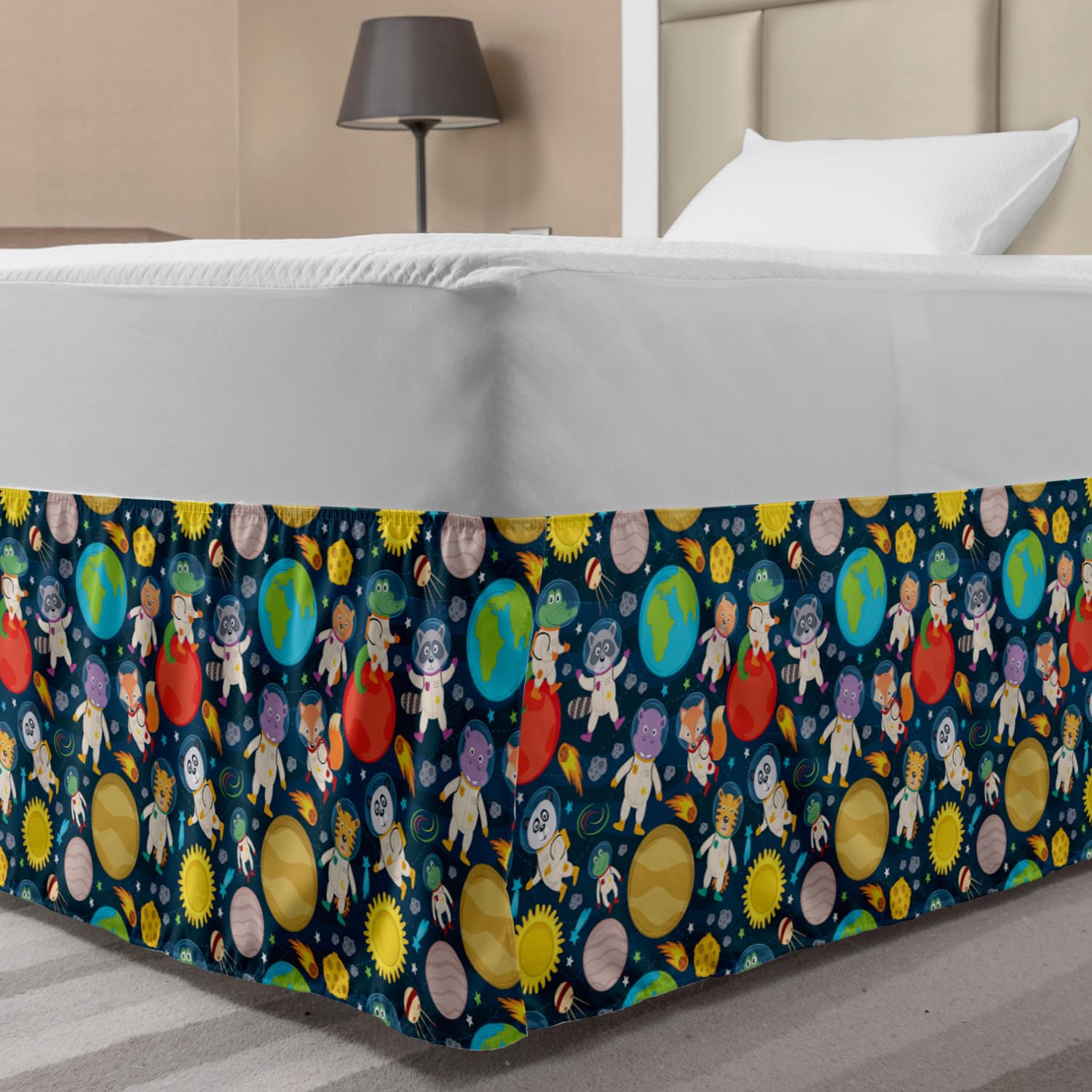 Ambesonne Space Bedskirt - Funny Astronauts & Planets Cosmic Design, Wrap Around Elastic Gathered Bed Skirt for Full Size Beds, Multicolor | Perfect for Kids' Room, Space-Themed Bedroom Decor & Sci-Fi Lovers