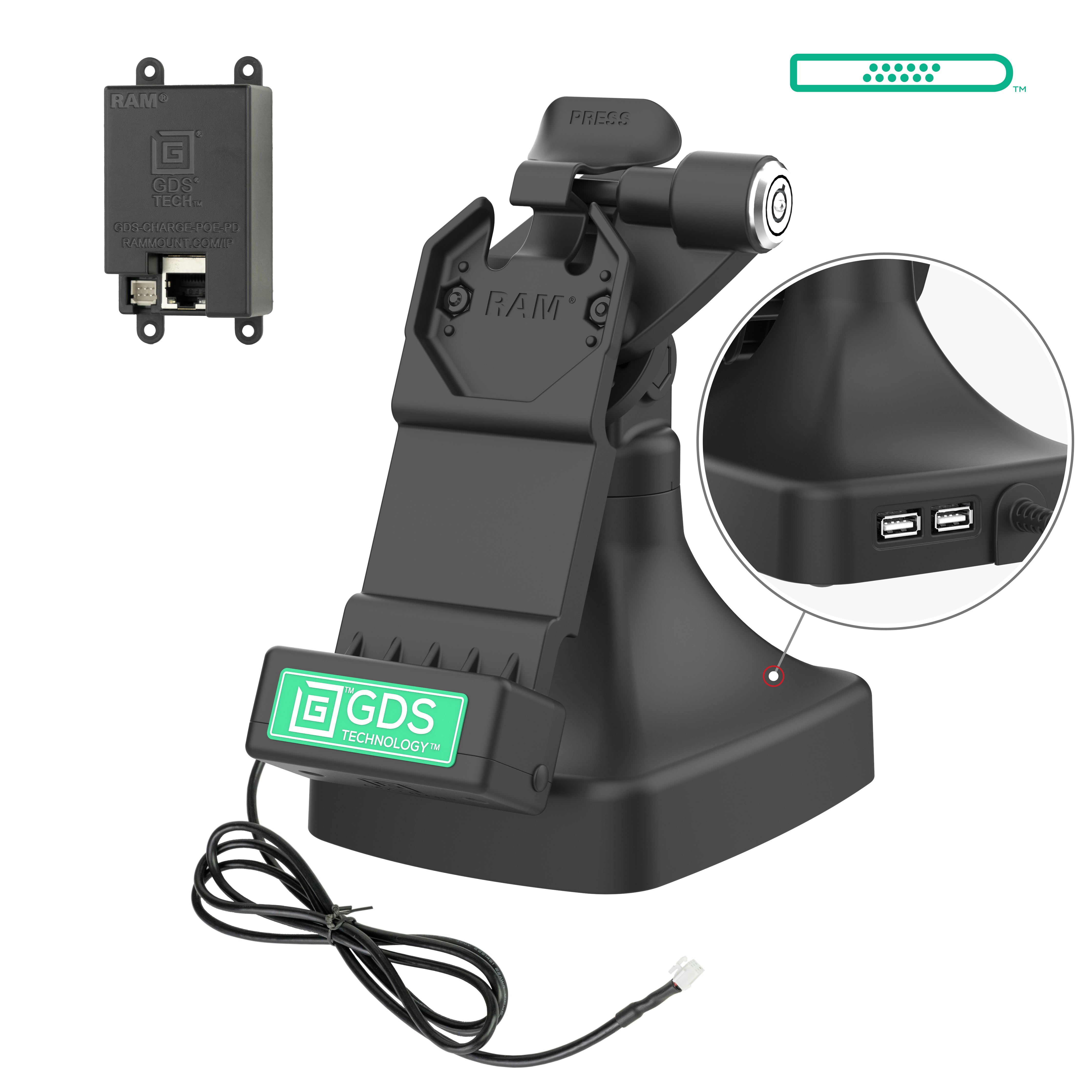 GDS® Uni Conn™ Locking Tilt & Swivel Dock with PoE + Data Port (RAM GDS DOCKLR D14 U1E 2A) - Secure Mounting Solution for Laptops & Tablets in Vehicles, Boats & Offices