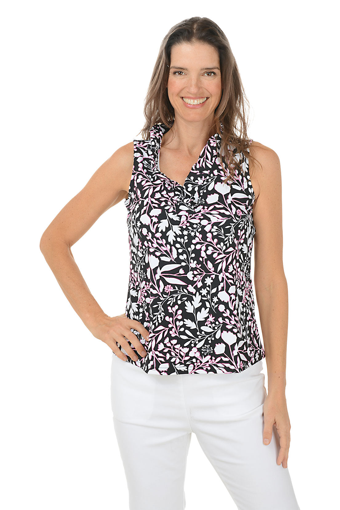Floral Print Stencil UPF50+ Sun Protection Ruffle Sleeveless Blouse for Women - Perfect for Beach Vacations, Summer Outings & Outdoor Activities