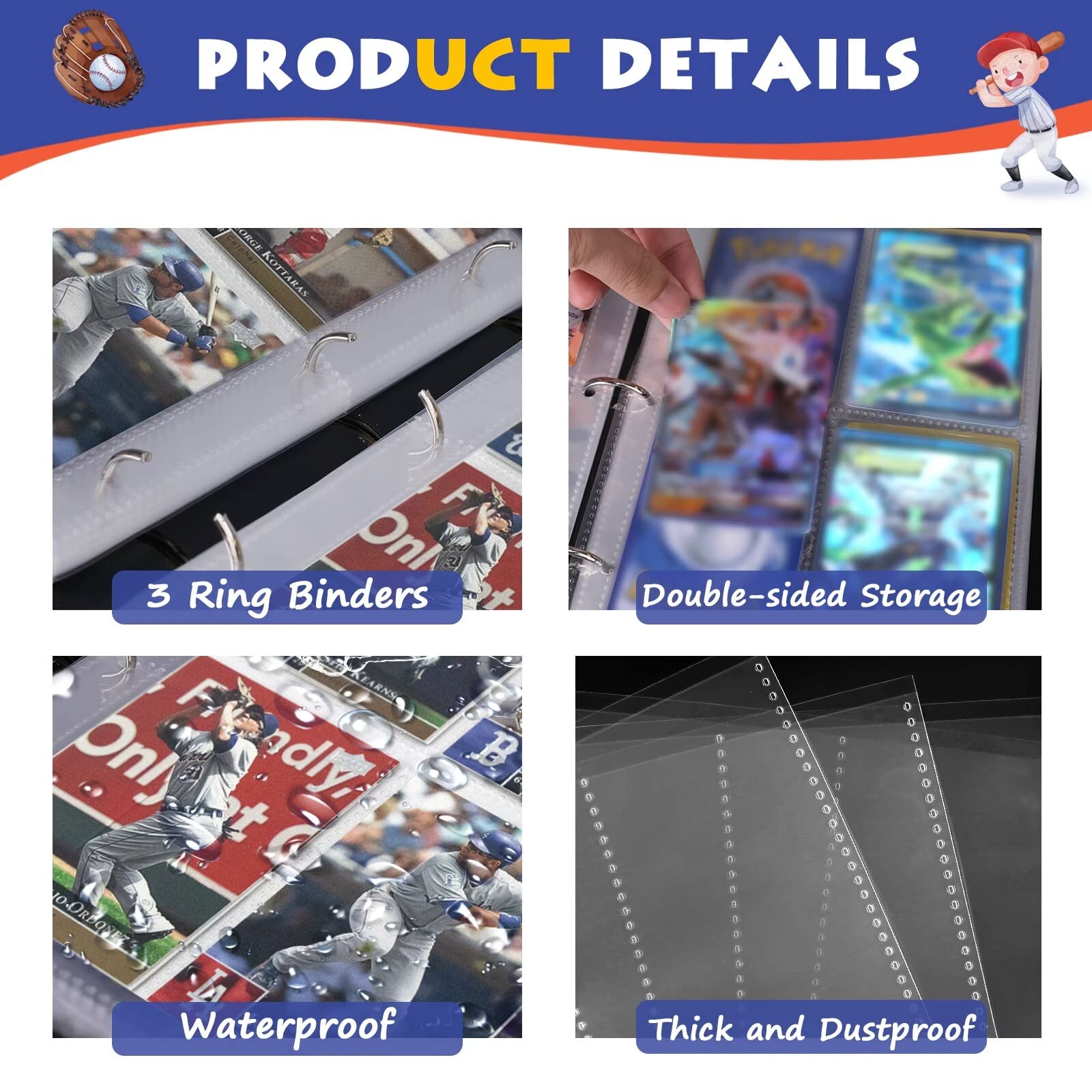 4-Pocket Waterproof Baseball Card Sleeves Binder - Durable & Portable Sports Card Protector for Collectors | Perfect for Trading, Storage & Display