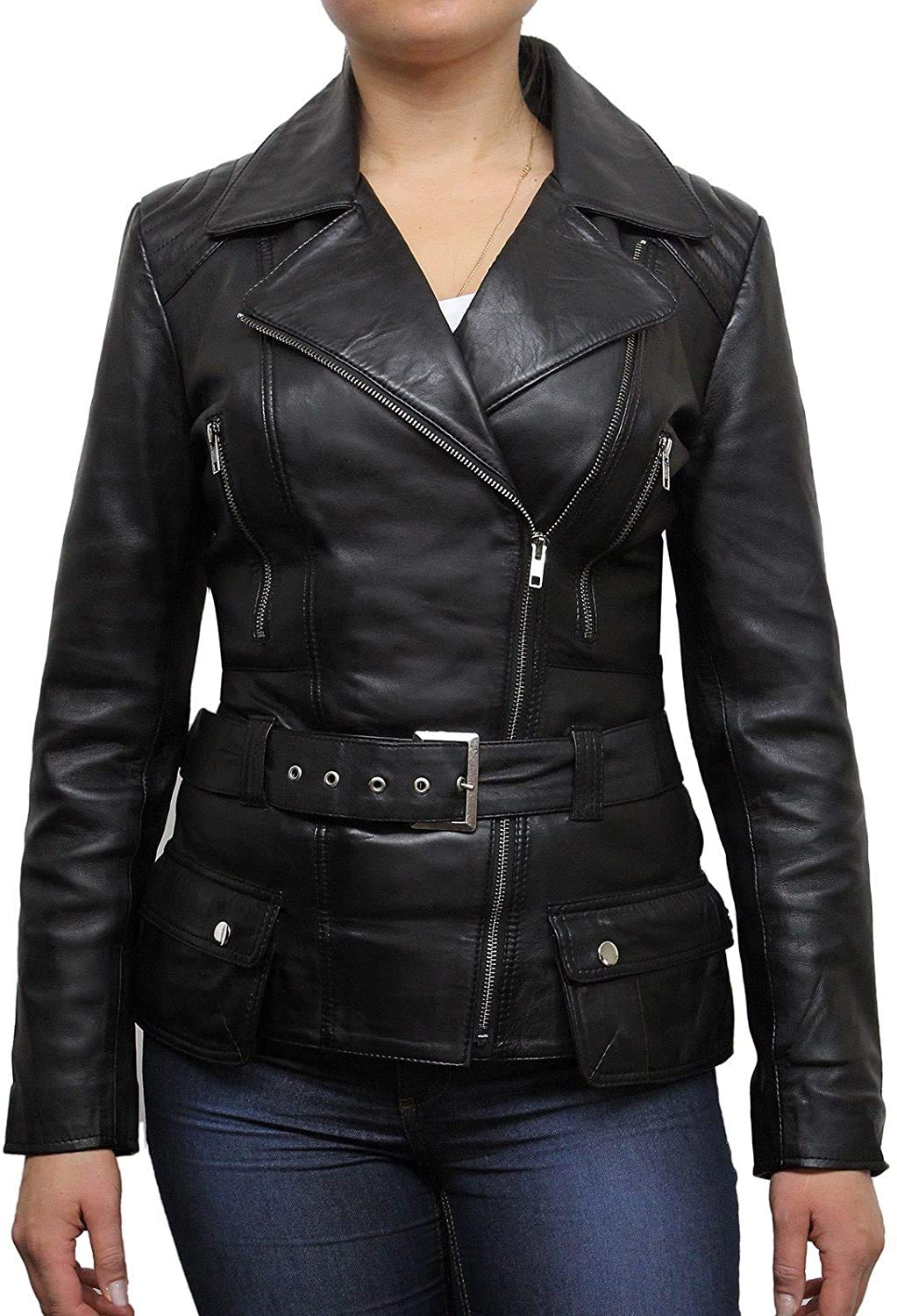 BRANDSLOCK Women's Classic Genuine Leather Biker Jacket - Stylish Motorcycle Outerwear for Riding, Night Out & Casual Wear