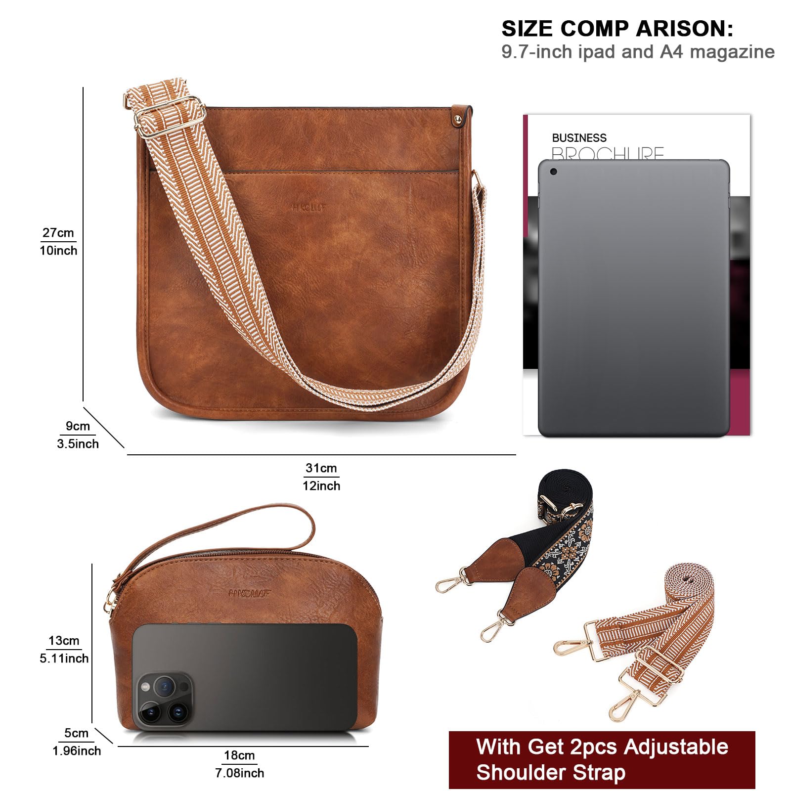 HKCLUF Women's Leather Crossbody Bag & Wallet Set - 2PCS Adjustable Guitar Strap Shoulder Purse for Daily Use, Travel & Shopping