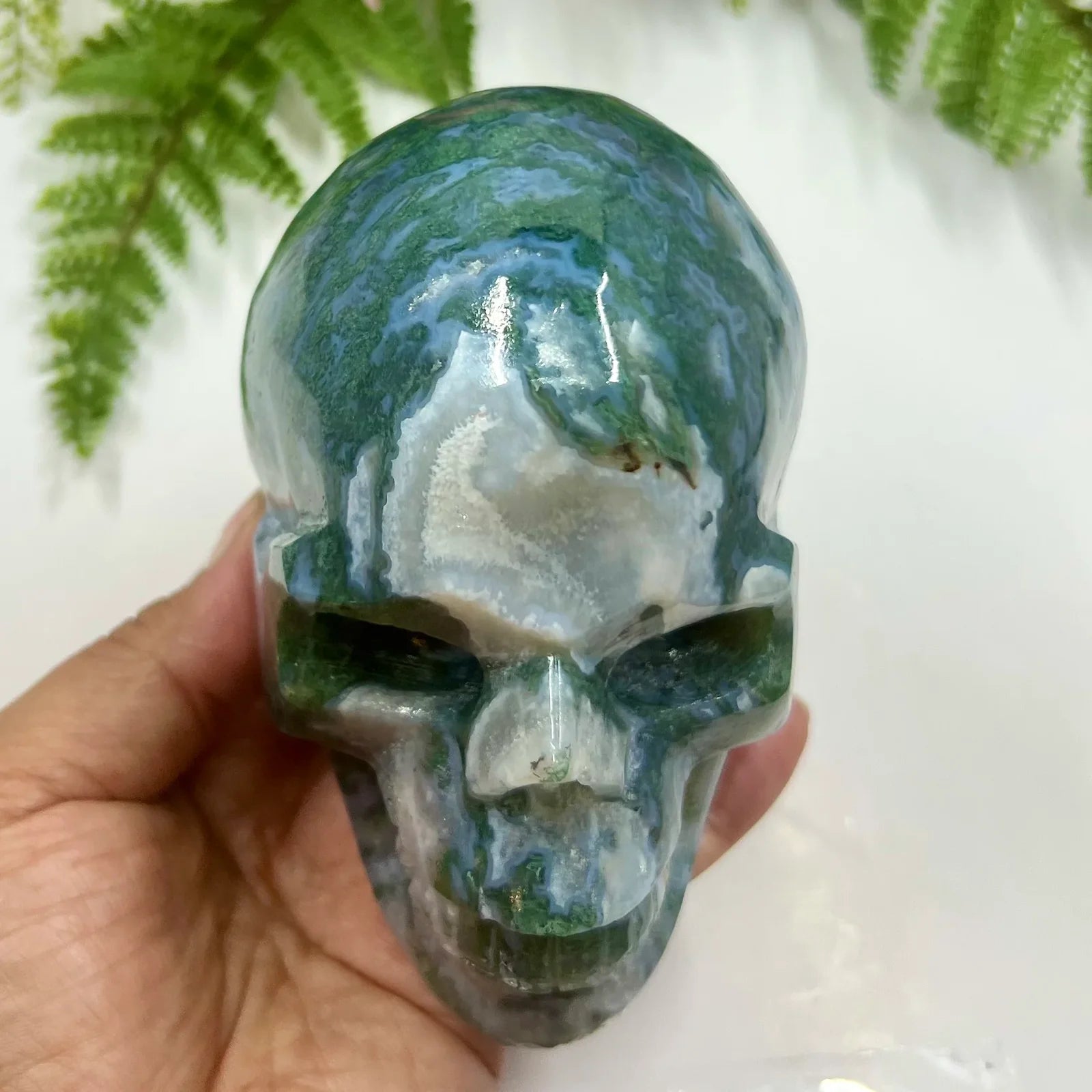 Natural Blue Chalcedony Agate Crystal Skull Carving - Handcrafted Healing Stone for Reiki, Meditation & Spiritual Decor | Unique Home Altar & Gift Idea