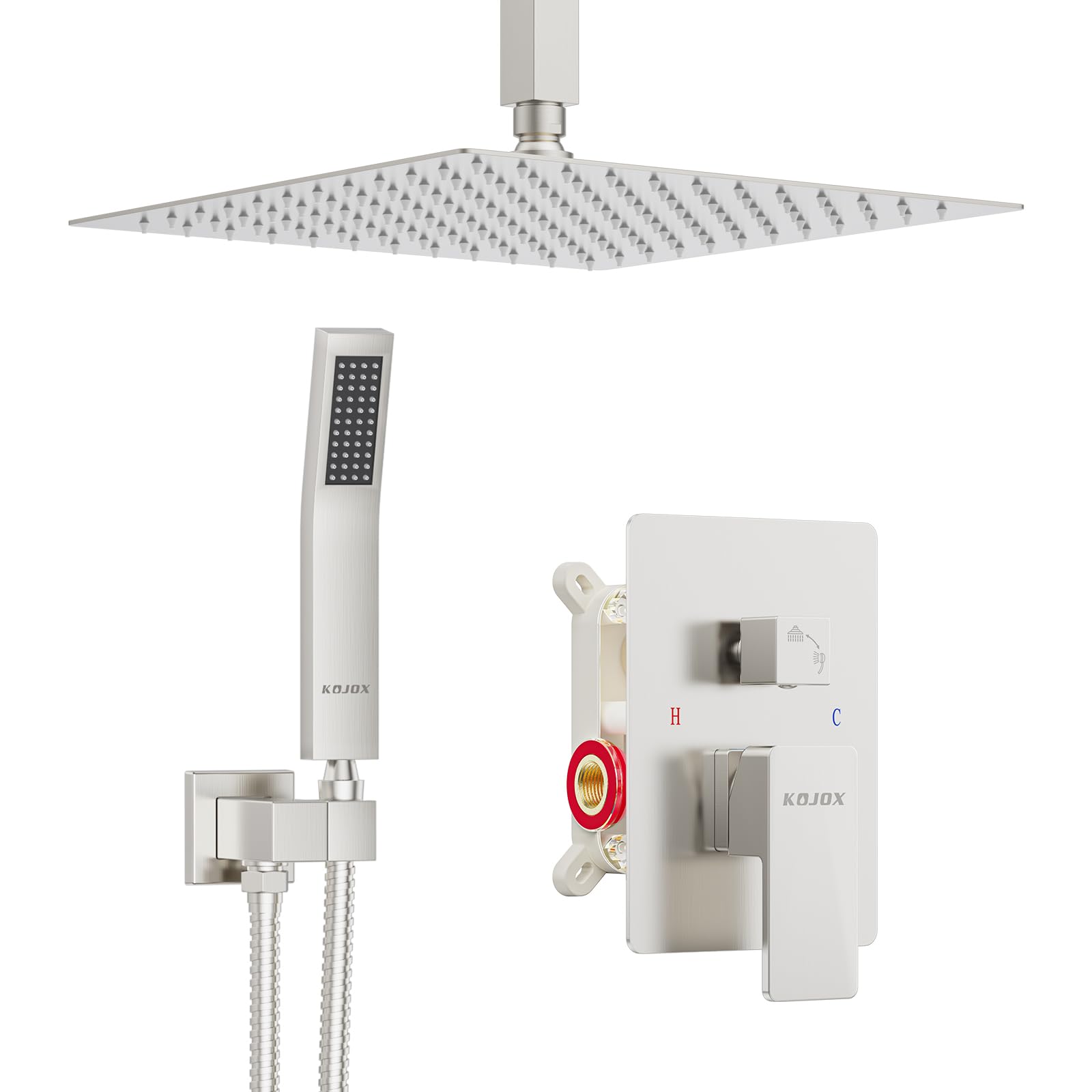 12 Inch Brushed Nickel Ceiling Mounted Shower System - Rain Shower Head, Handheld Spray & Valve Faucet Trim Kit for Luxurious Bathroom Upgrade | Perfect for Master Bath & Spa-Like Shower Experience
