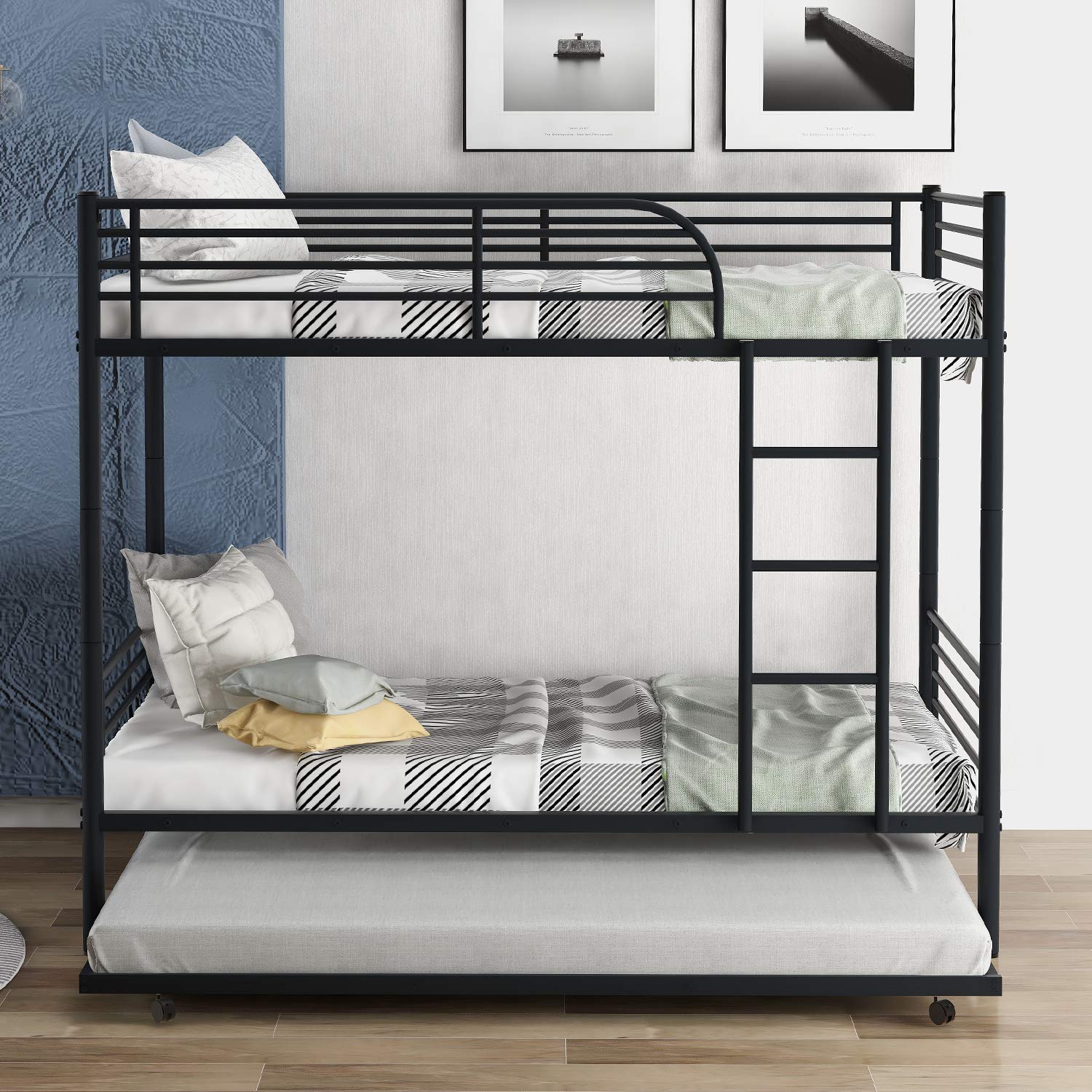 Danxee Twin Over Twin Modern Metal Pipe Bunk Bed with Trundle - Sturdy Guard Rail & Ladder - Space-Saving Kids Bedroom Furniture (Black) - Perfect for Small Rooms, Sleepovers & Guest Rooms
