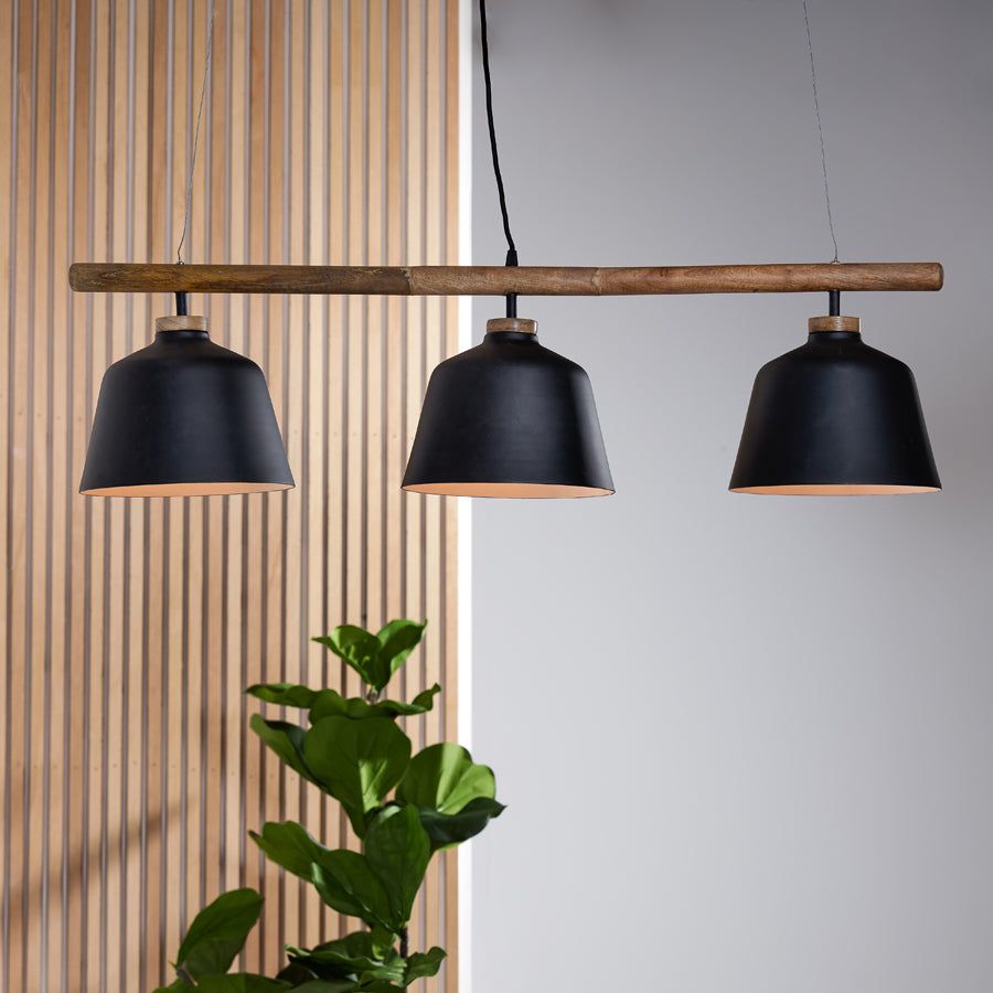 BANU 3/4Lt Wooden Black Finish Kitchen Pendant Light - Perfect for Dining Room, Island, and Farmhouse Decor