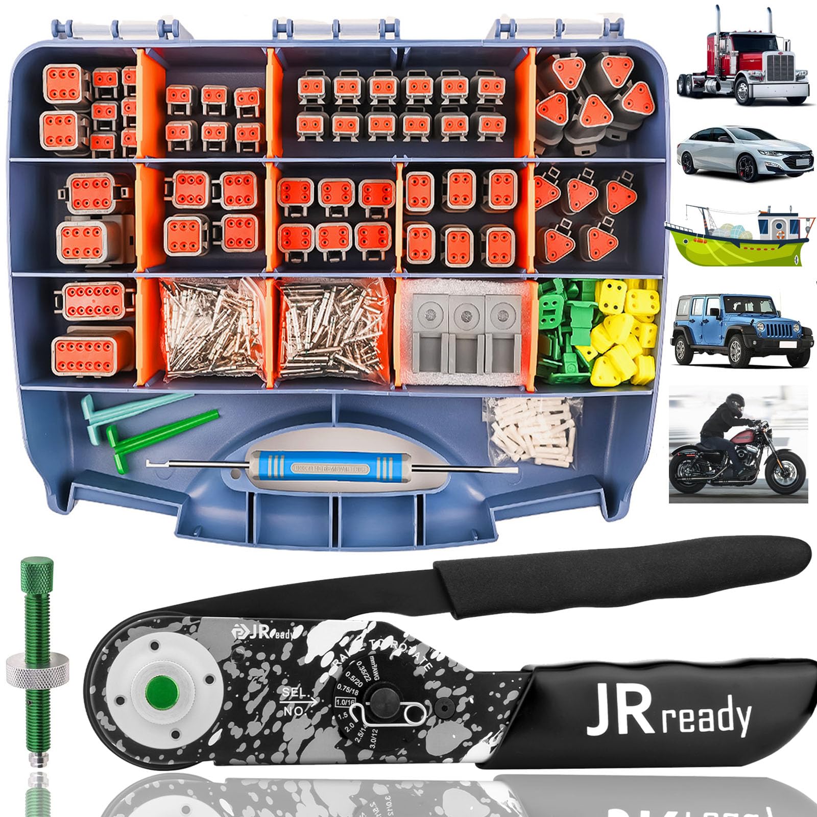 JRready DW5007-02 Deutsch Connector Kit - 2 Pin DT Connector with 3/4/6/8/12 Pin Waterproof IP68 Electrical Connectors, Automotive Solid Contacts & Crimp Tool (12-22AWG) - Perfect for Automotive Wiring, Marine Applications & Heavy-Duty Equipment