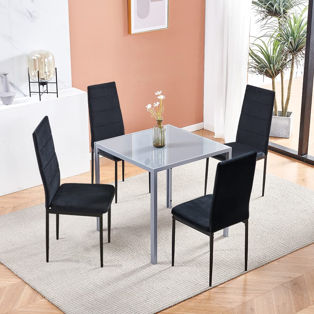 5-Piece Modern Square Grey Glass Dining Table Set with 4 Black Velvet Chairs - Kitchen & Dining Room Furniture for Small Spaces - Perfect for Apartments, Breakfast Nooks and Cozy Family Meals