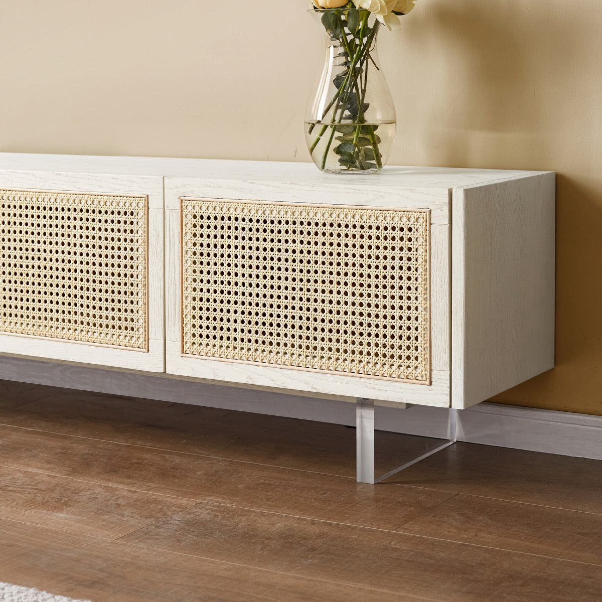 Solid Oak Wood Rattan TV Stand with LED Lights - Modern Cream Style Entertainment Center for Living Room, Bedroom & Home Theater