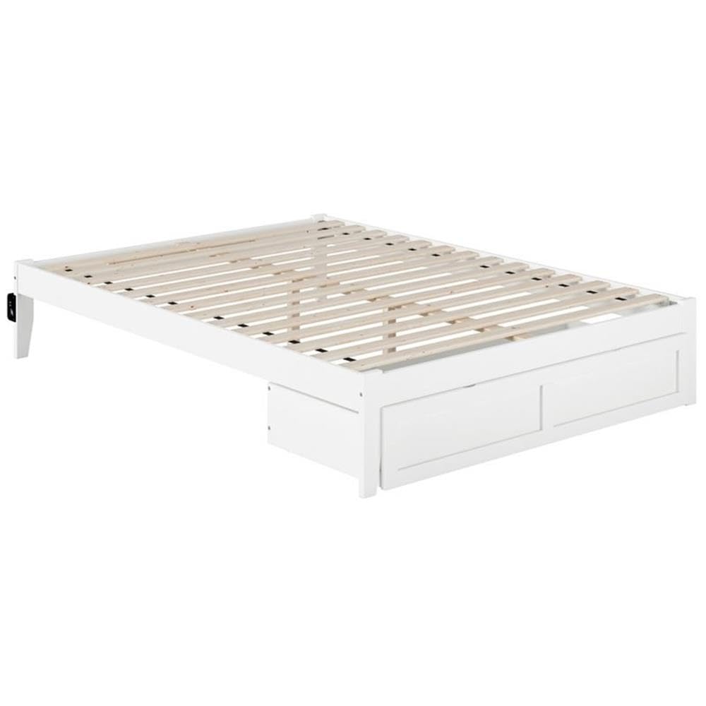 BOWERY HILL Modern Solid Wood Queen Bed with Foot Drawer in White - Stylish Storage Bed Frame for Small Bedrooms & Guest Rooms